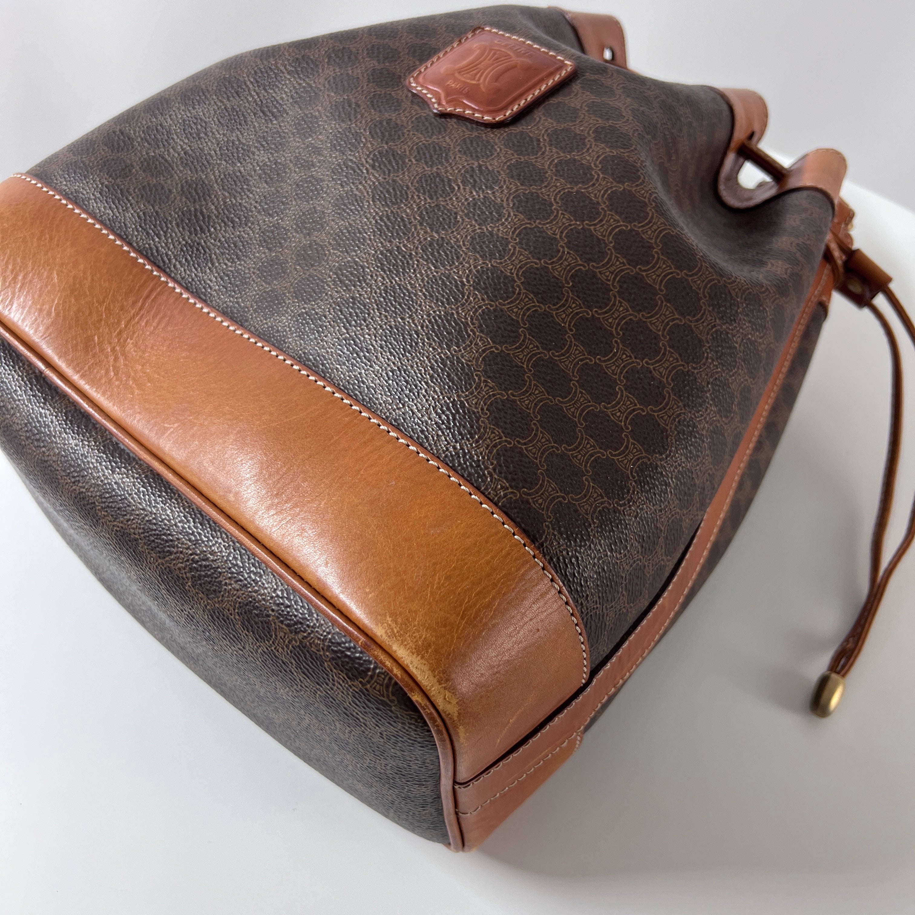 CELINE Bucket Bag canvas and brown leather handbag