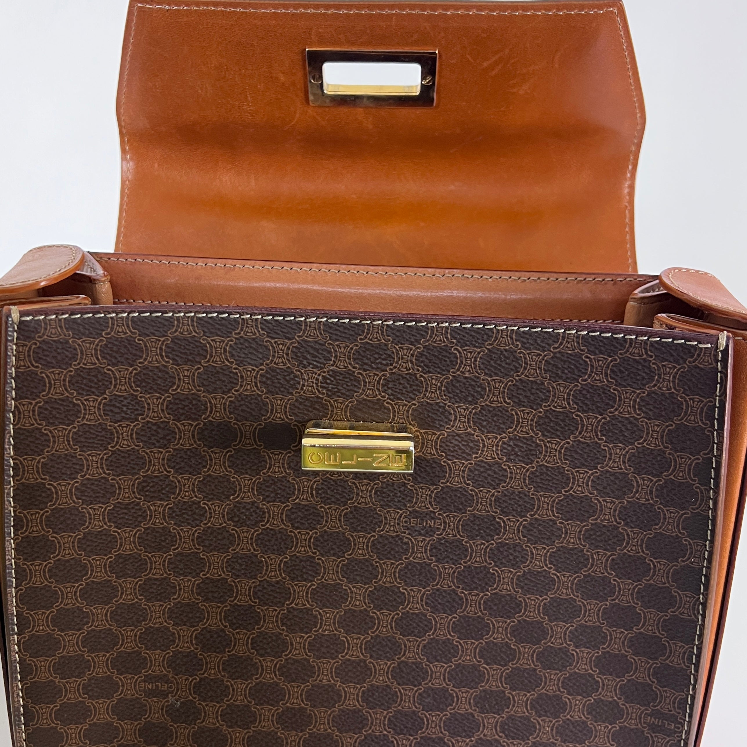 CELINE Top Handle handbag in brown canvas and leather