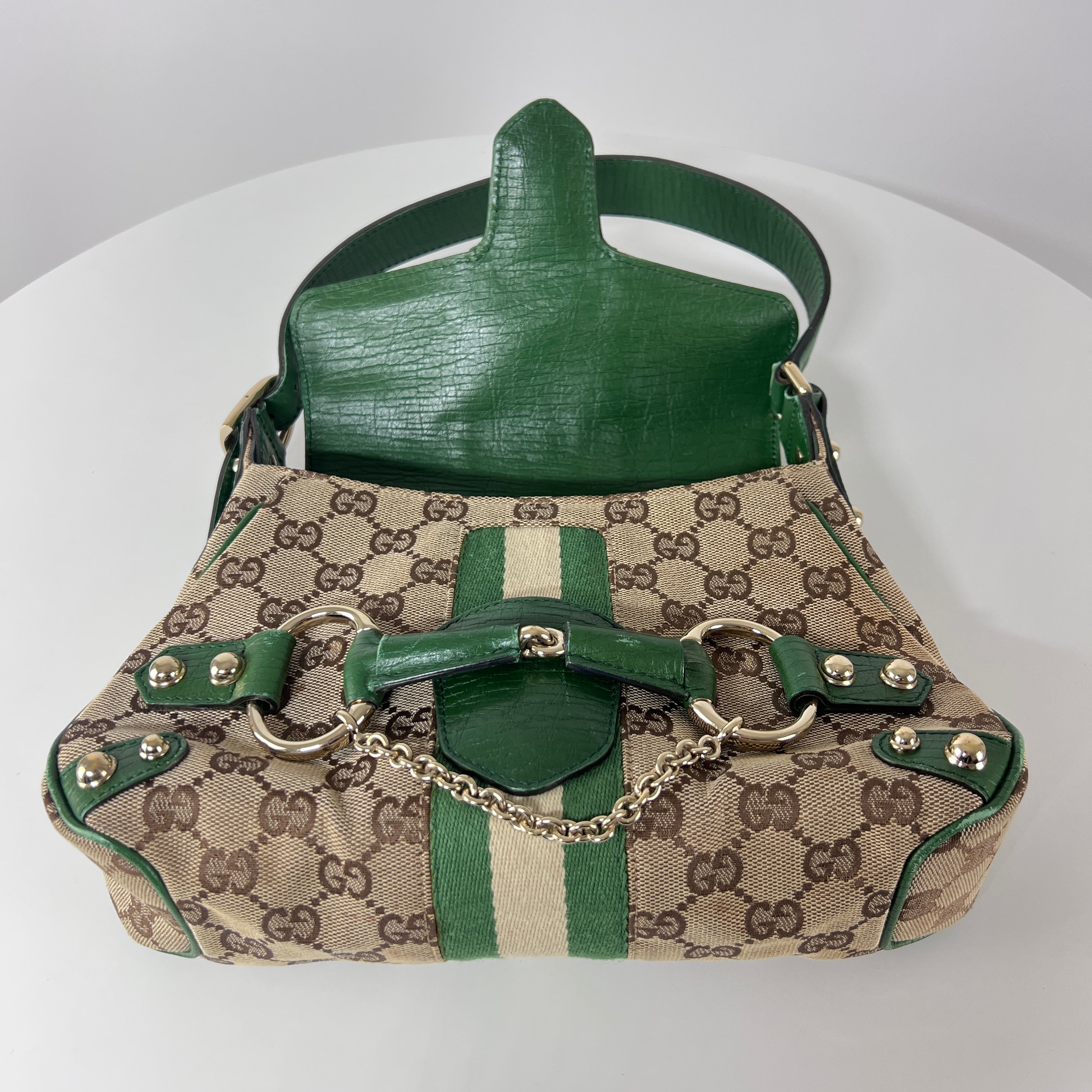 GUCCI Horsebit two-tone canvas and leather handbag