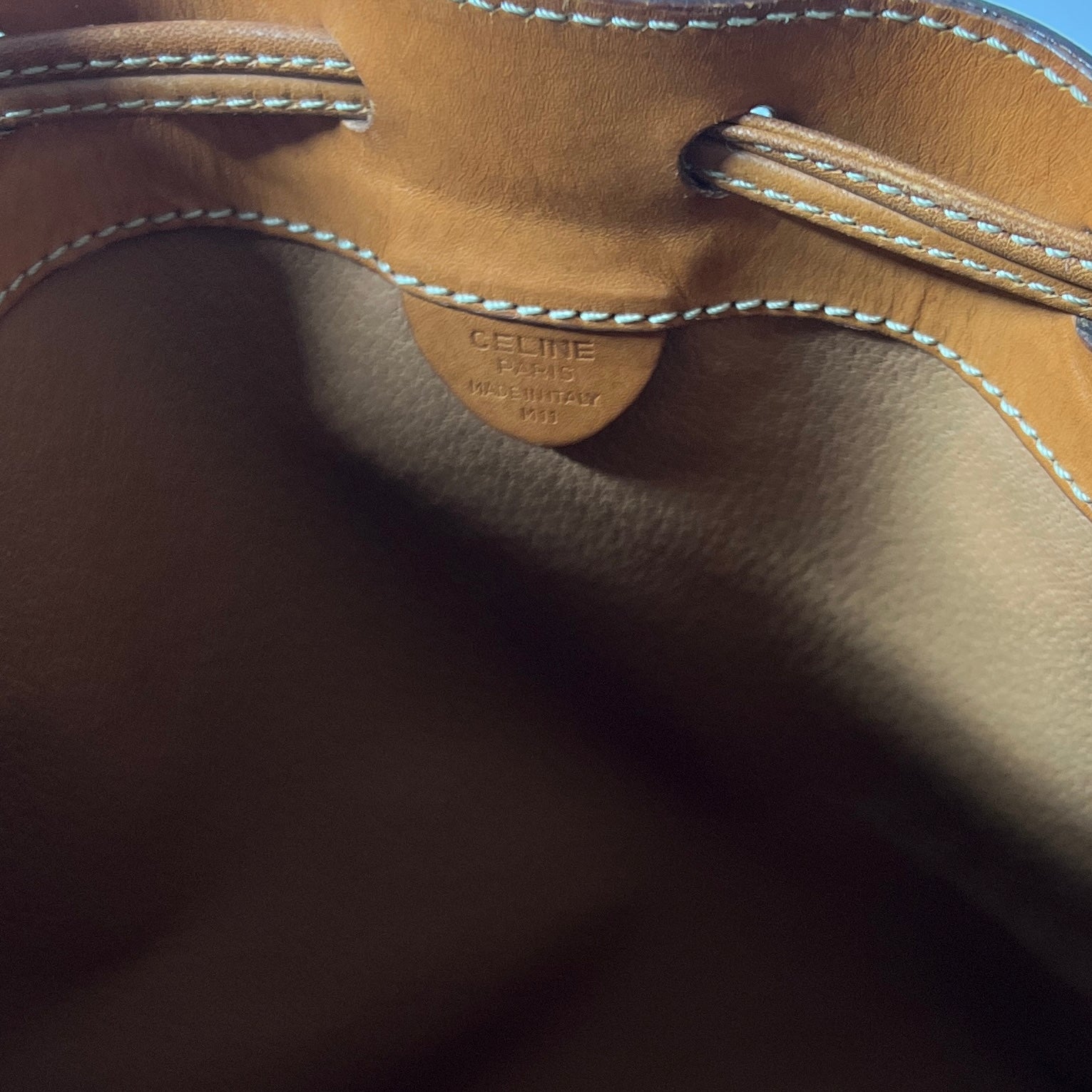 CELINE Bucket Bag canvas and brown leather handbag