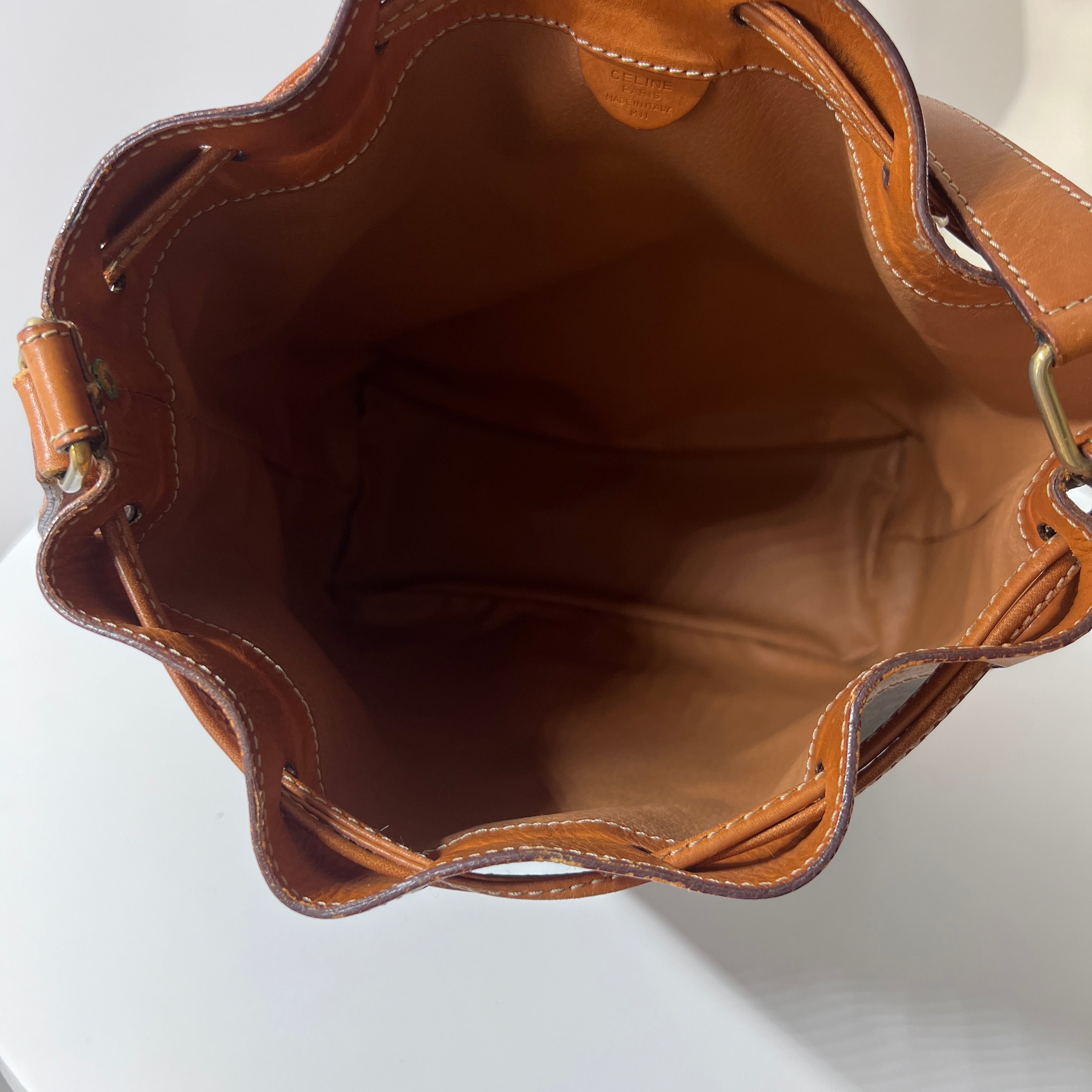 CELINE Bucket Bag canvas and brown leather handbag