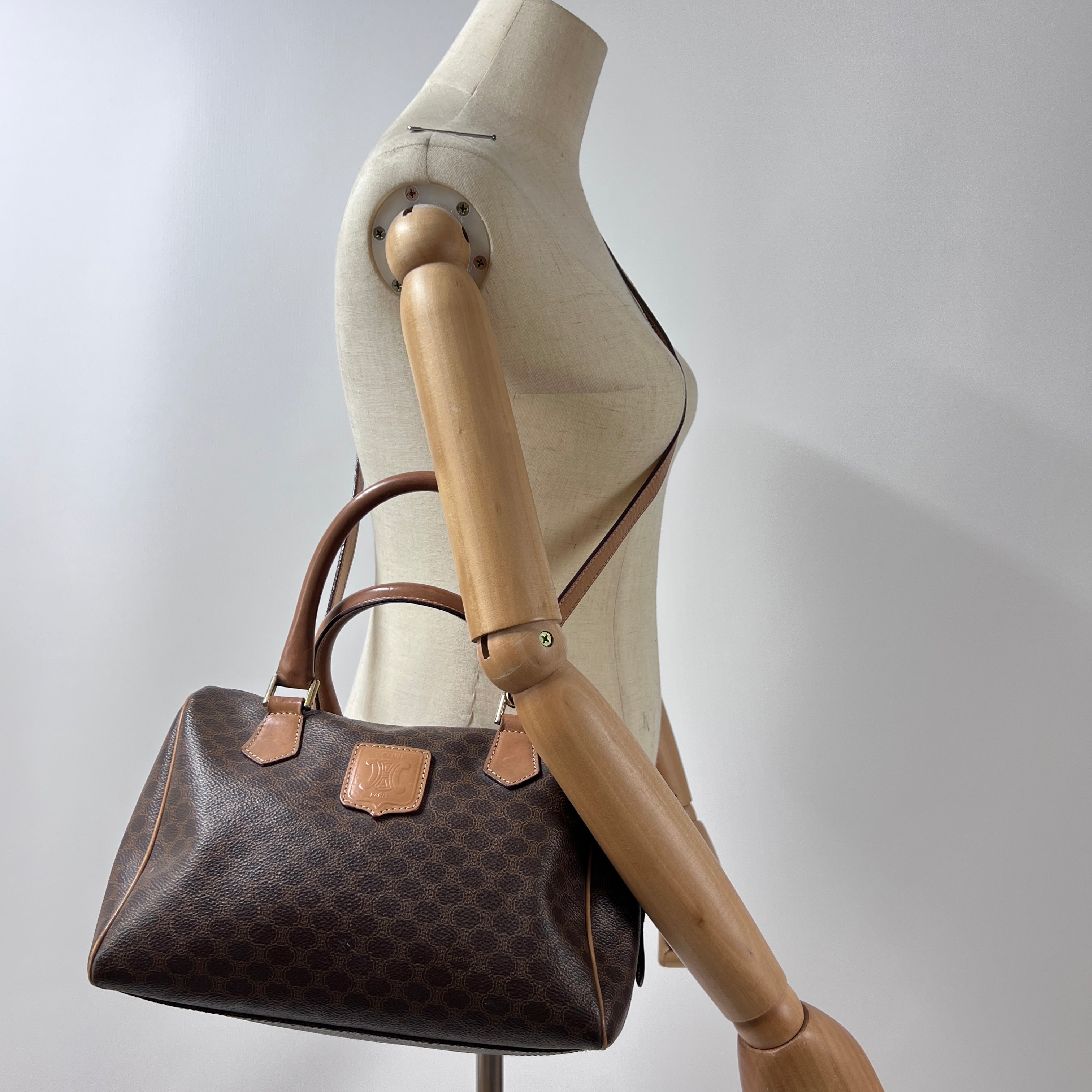 Sac à main CELINE Boston Strap toile et cuir marron