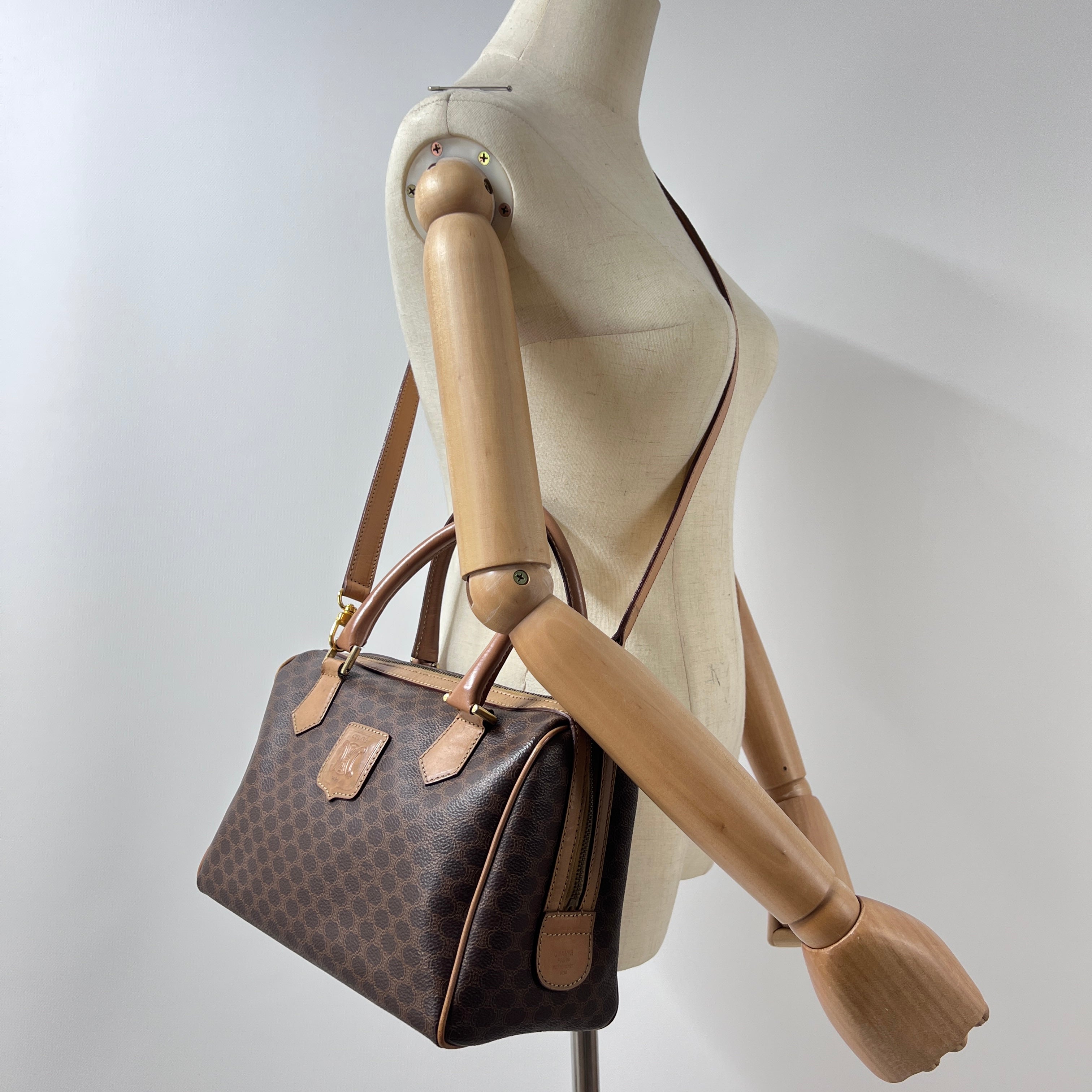 CELINE Boston Strap handbag in brown canvas and leather