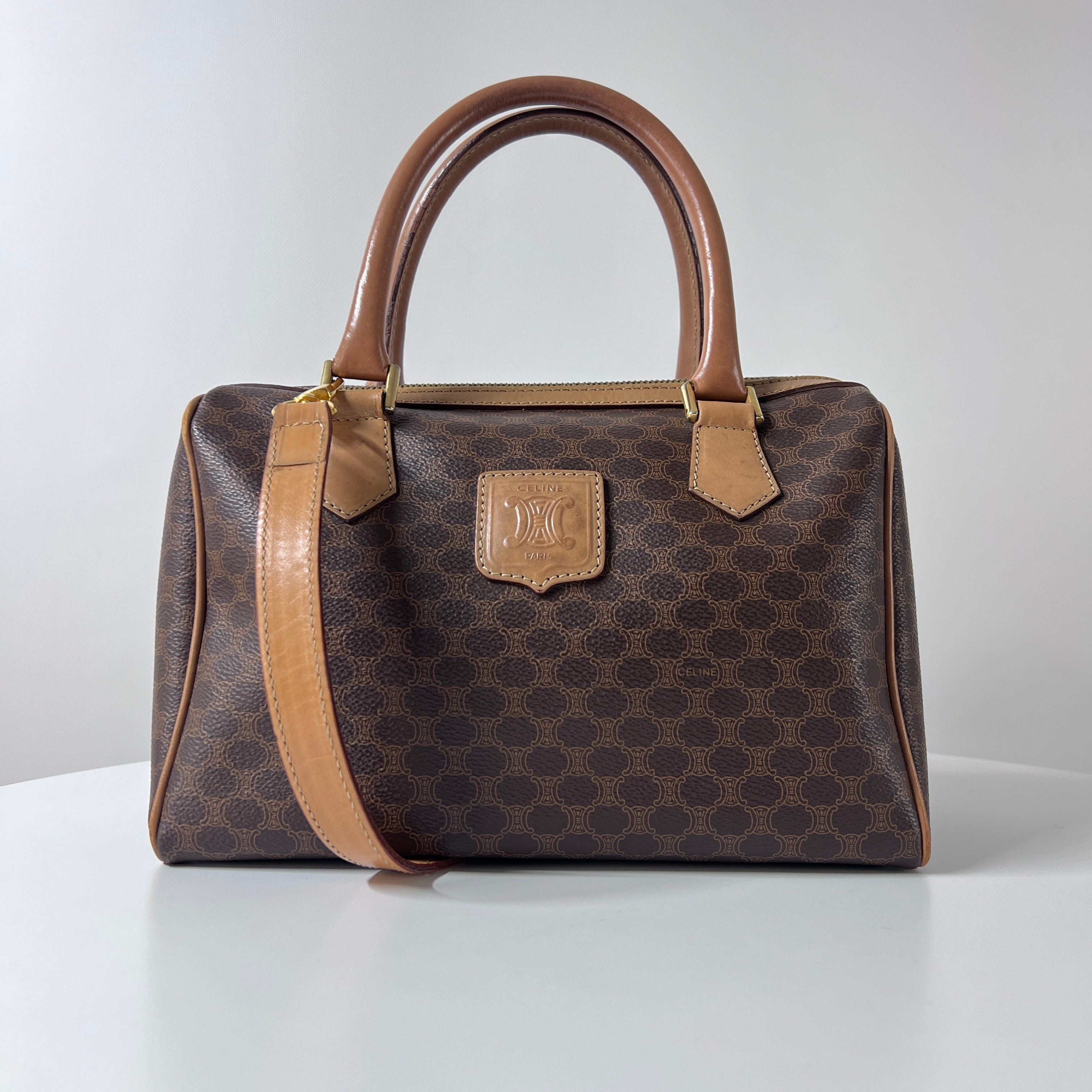 CELINE Boston Strap handbag in brown canvas and leather