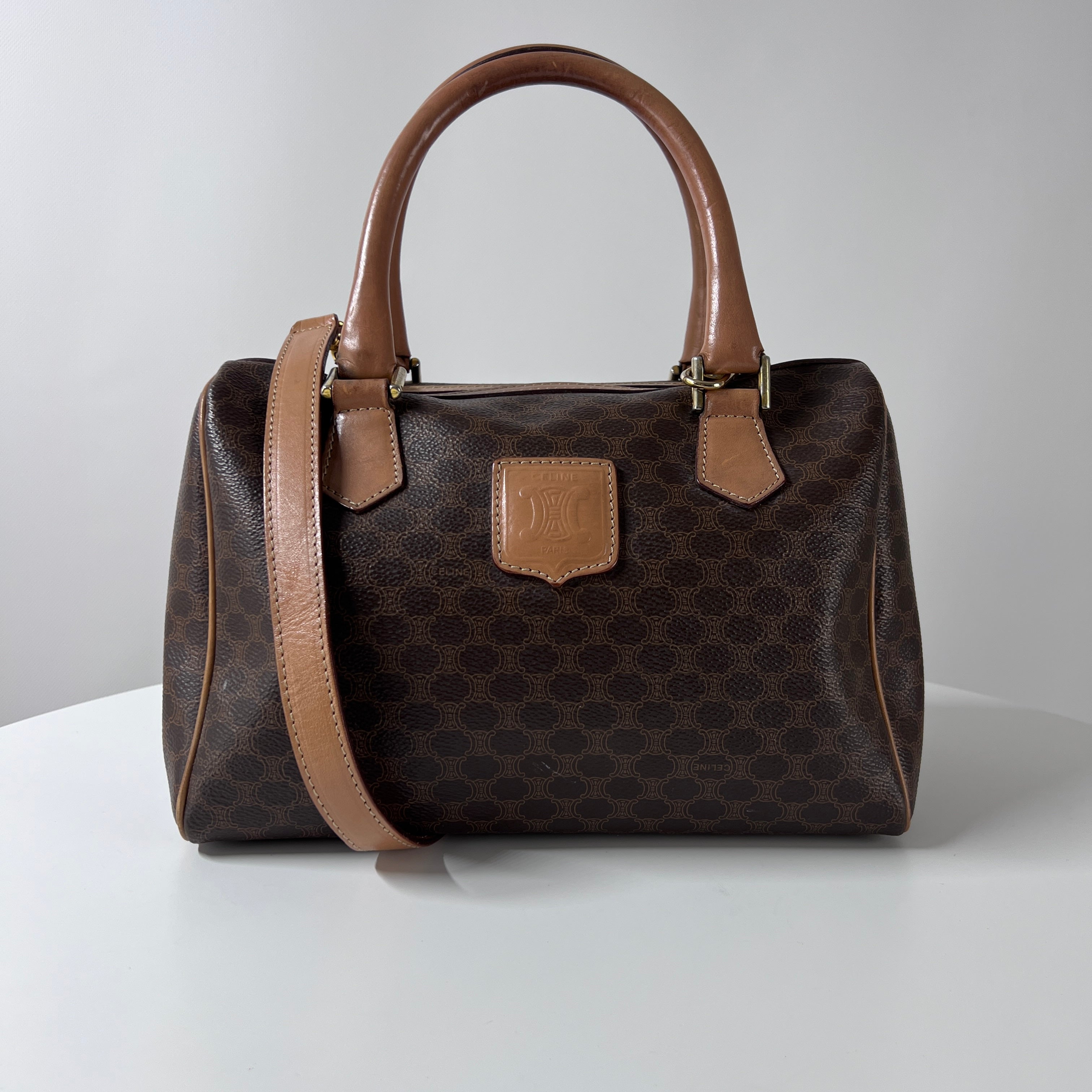 Sac à main CELINE Boston Strap toile et cuir marron