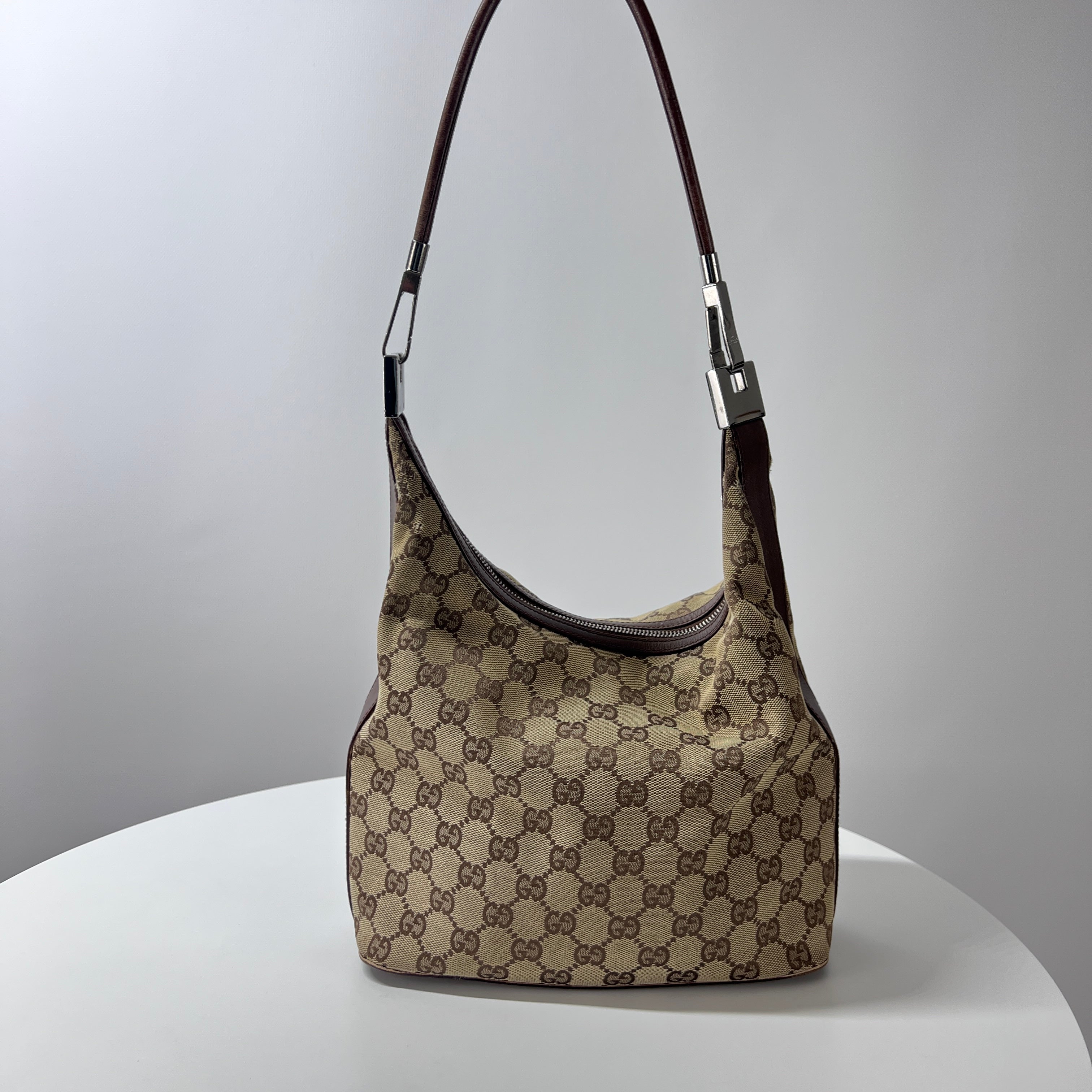 GUCCI Hobo handbag in brown canvas and leather