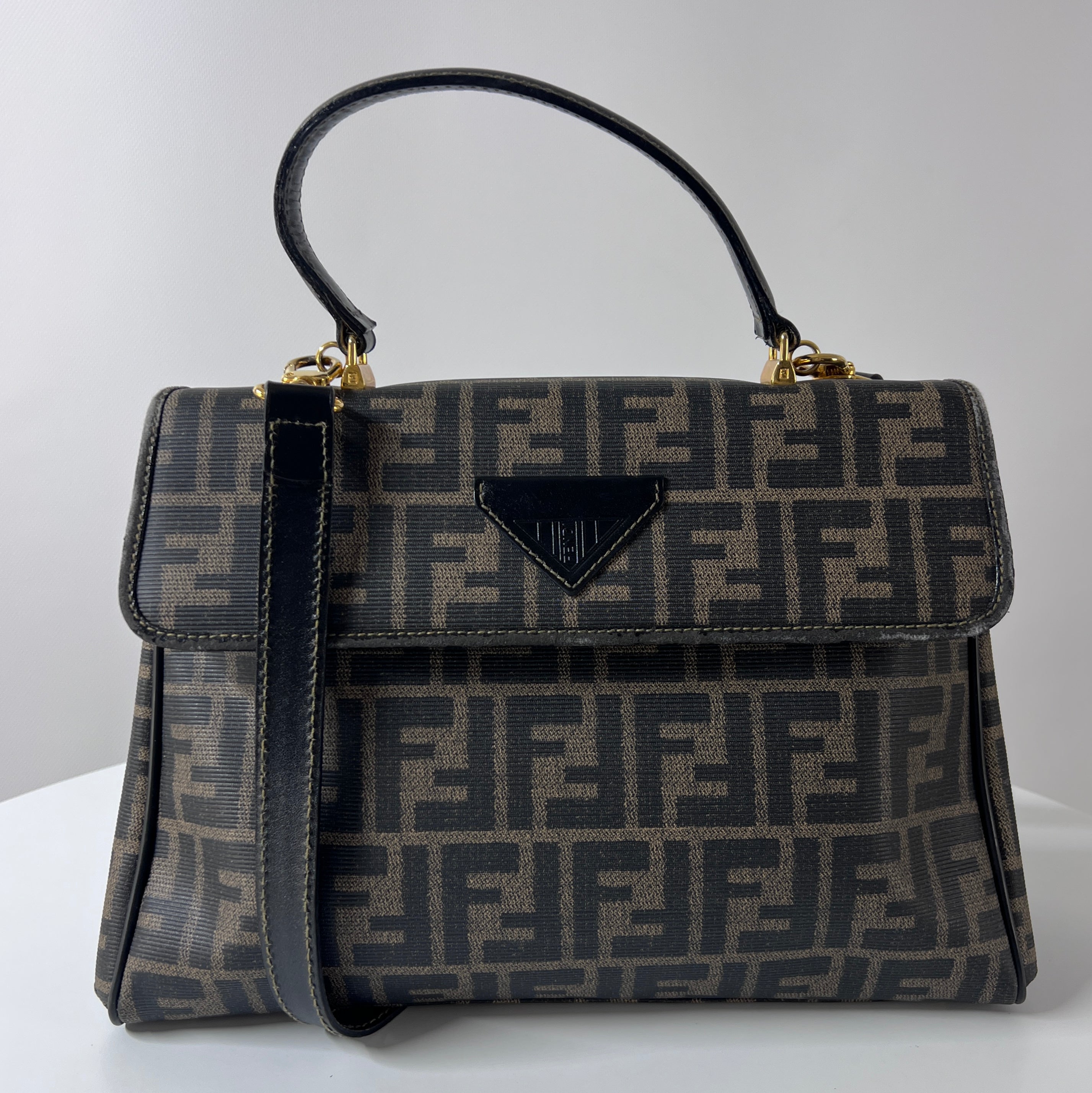 FENDI Hand Soulder canvas and brown leather handbag