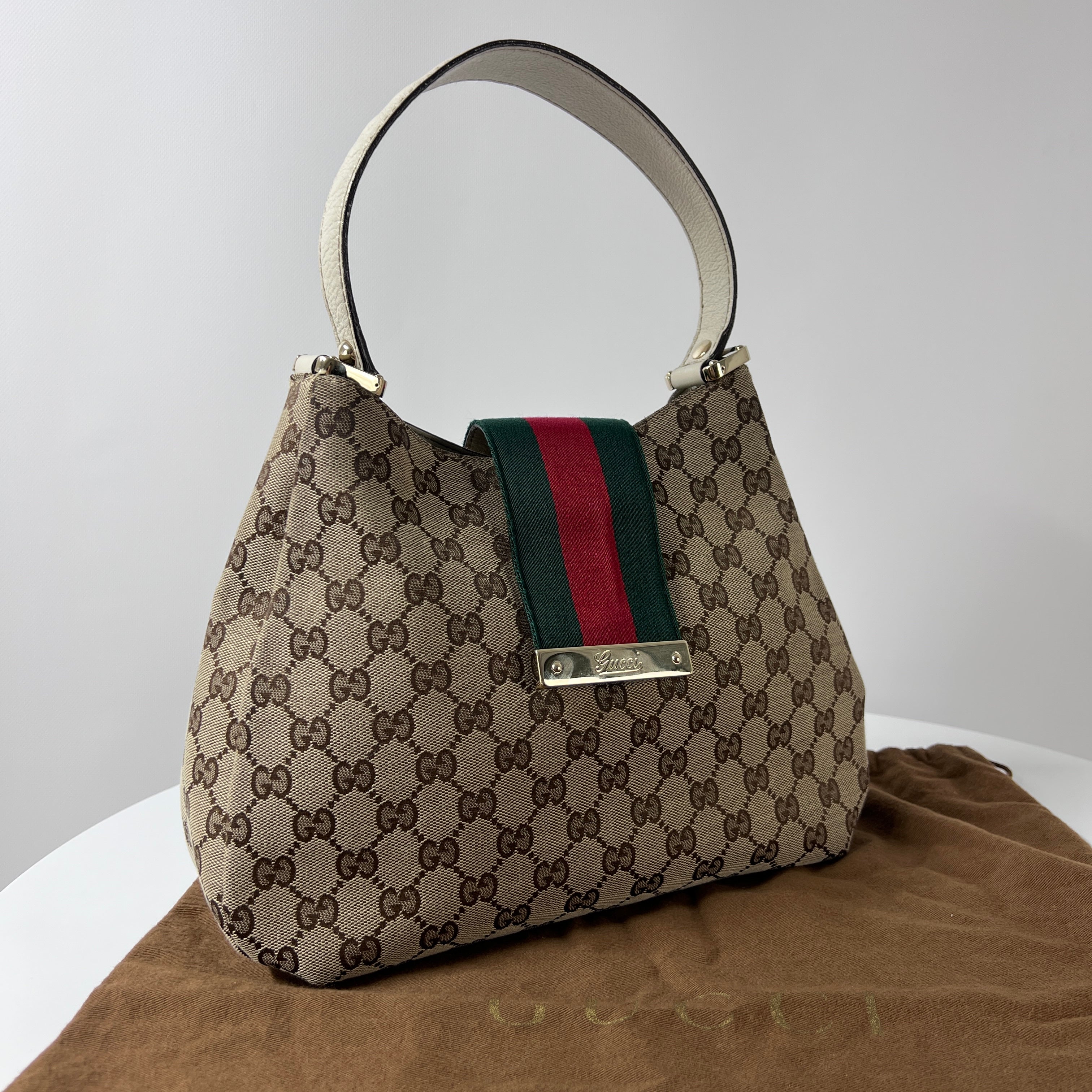 GUCCI Hobo handbag in beige canvas and leather