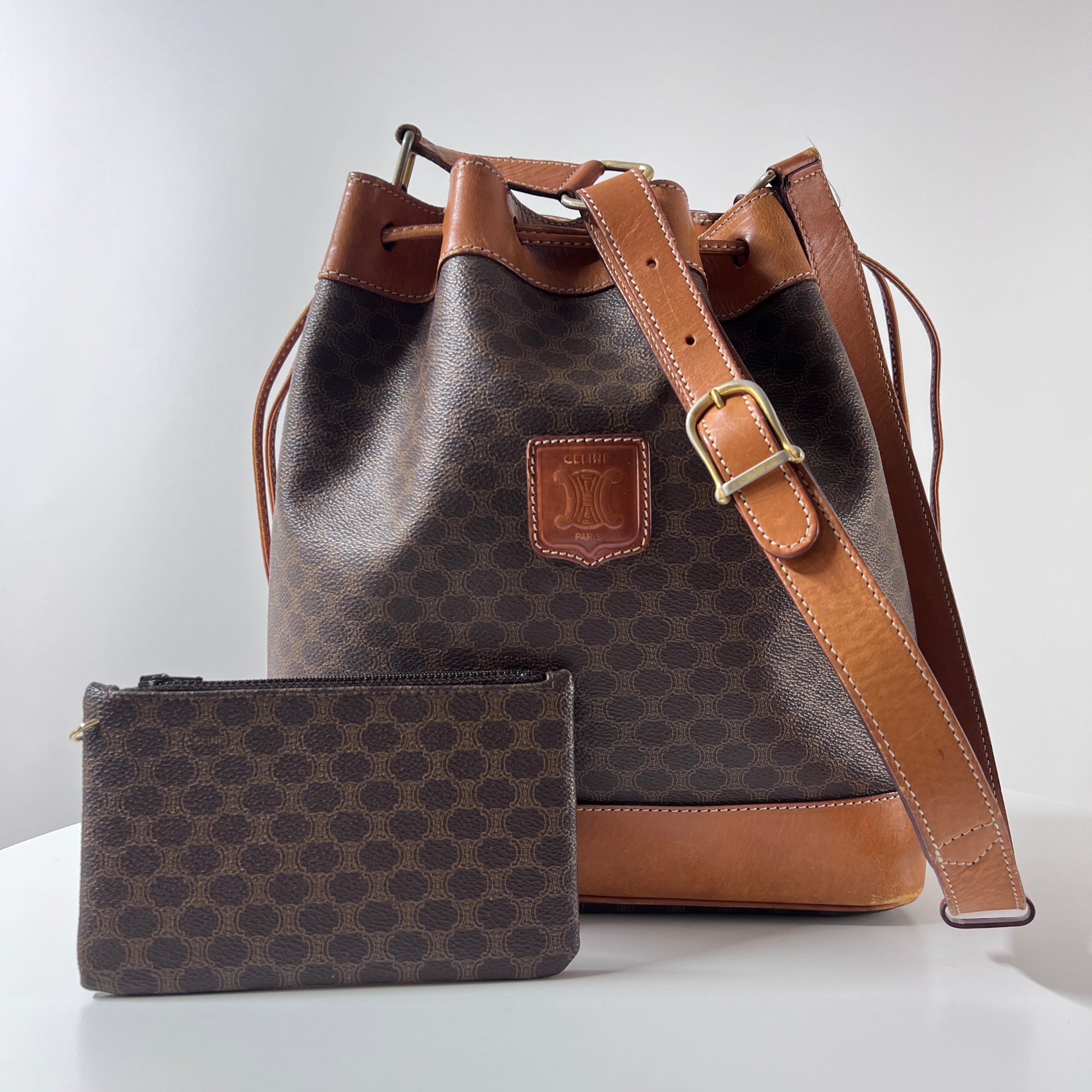 CELINE Bucket Bag canvas and brown leather handbag