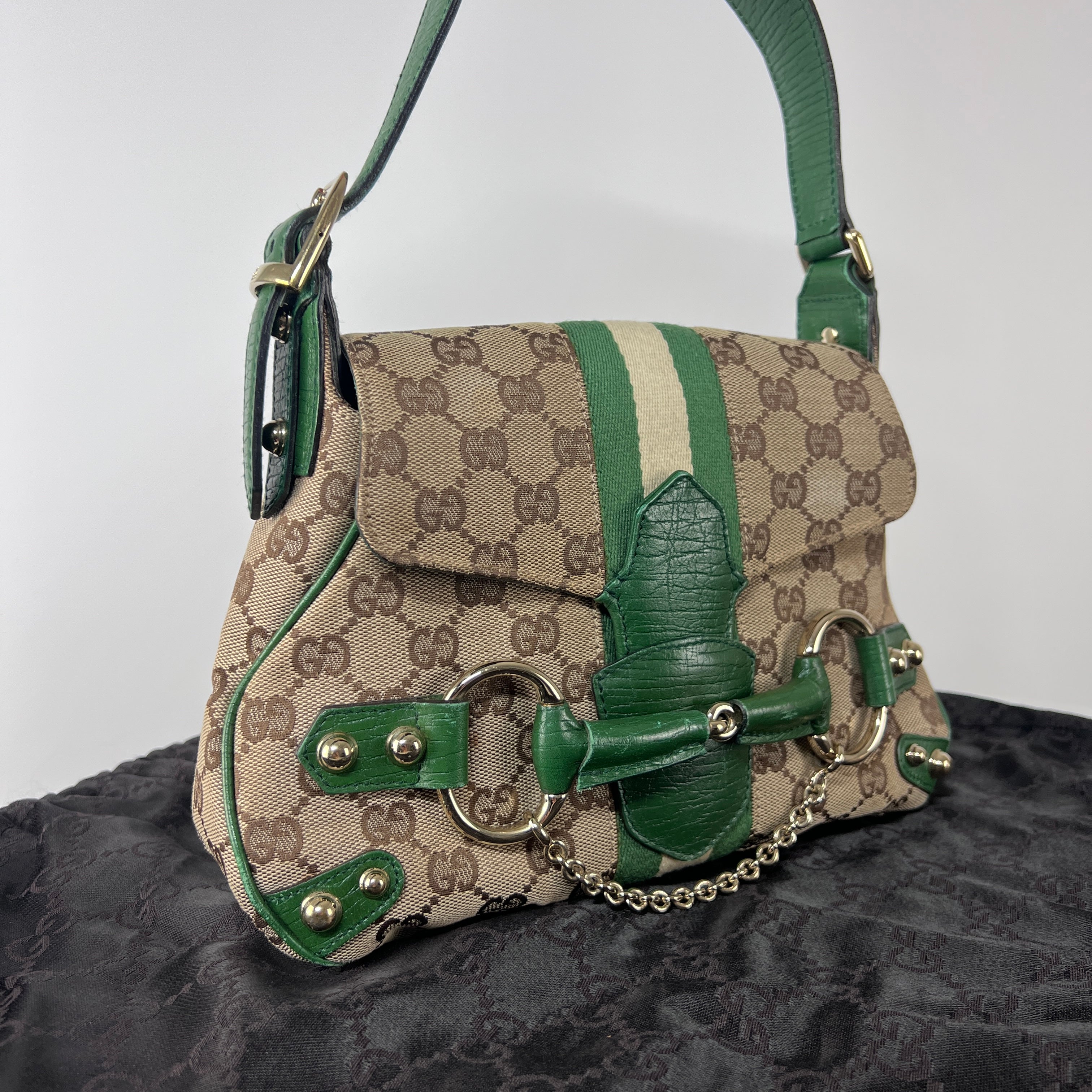 GUCCI Horsebit two-tone canvas and leather handbag