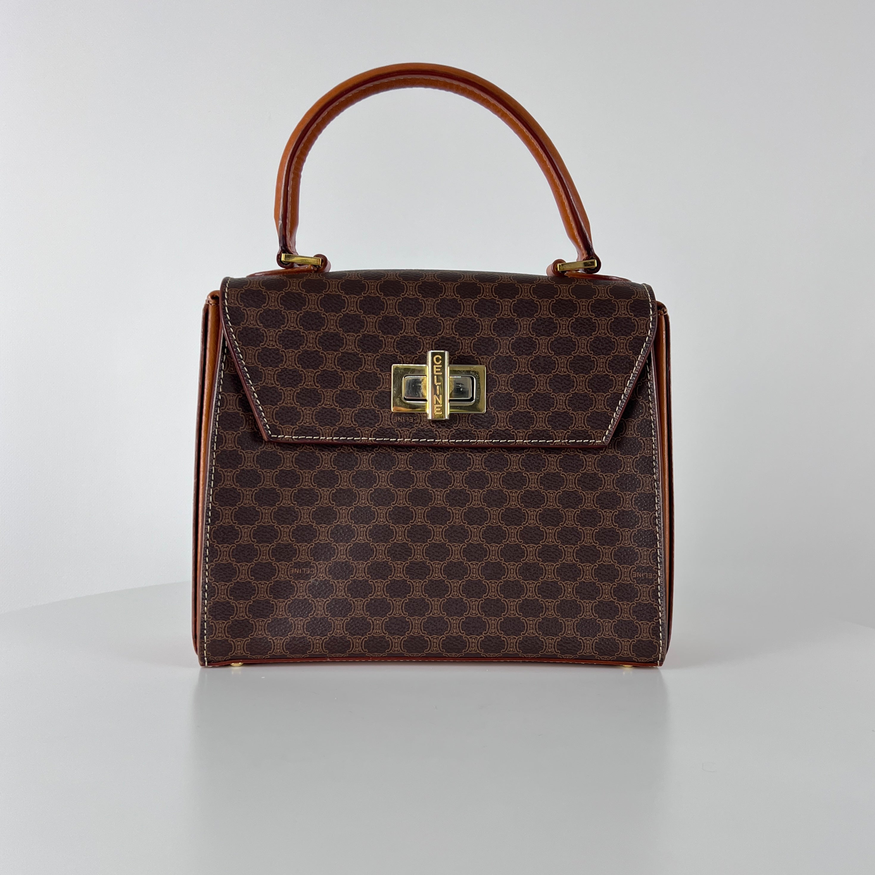 CELINE Top Handle handbag in brown canvas and leather