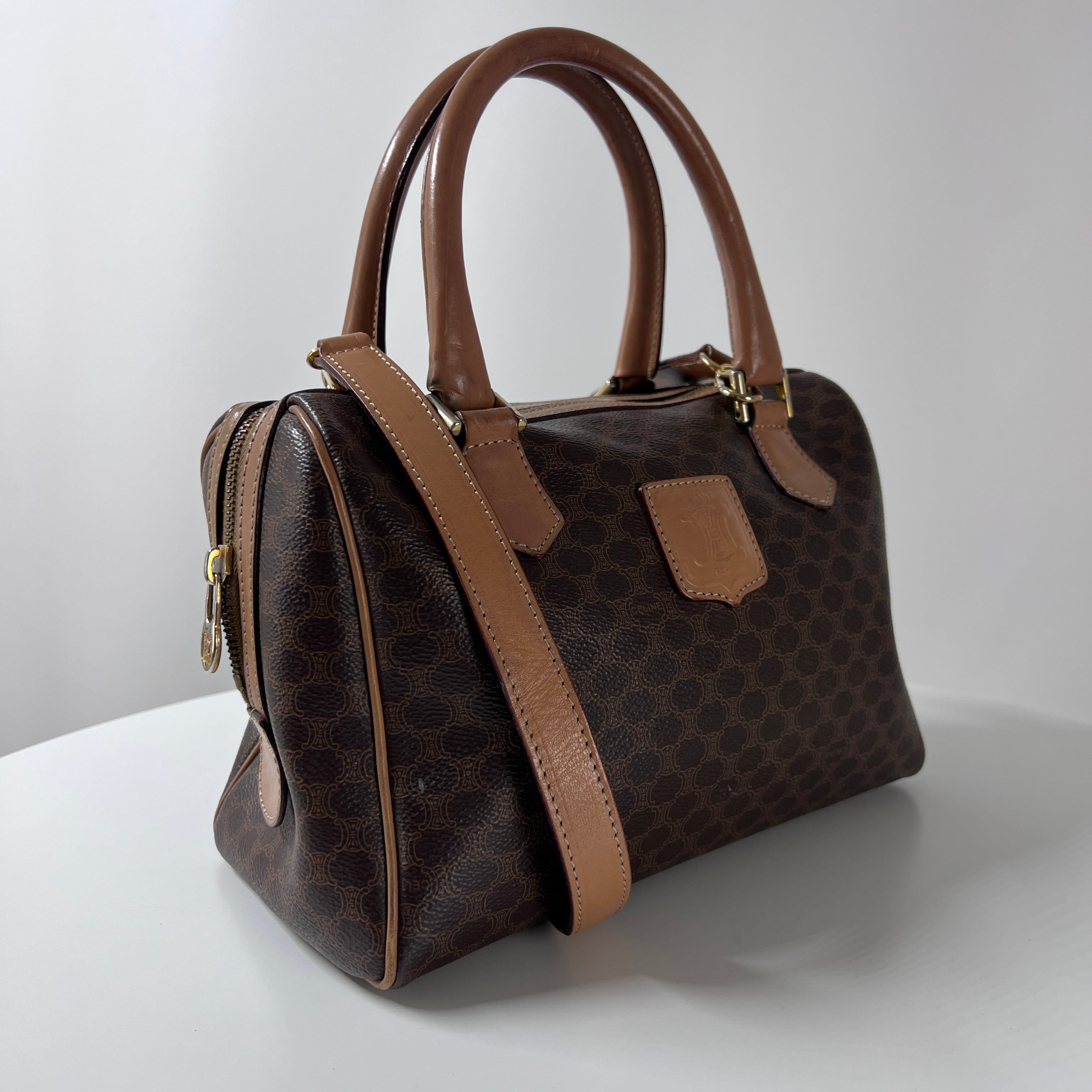Sac à main CELINE Boston Strap toile et cuir marron