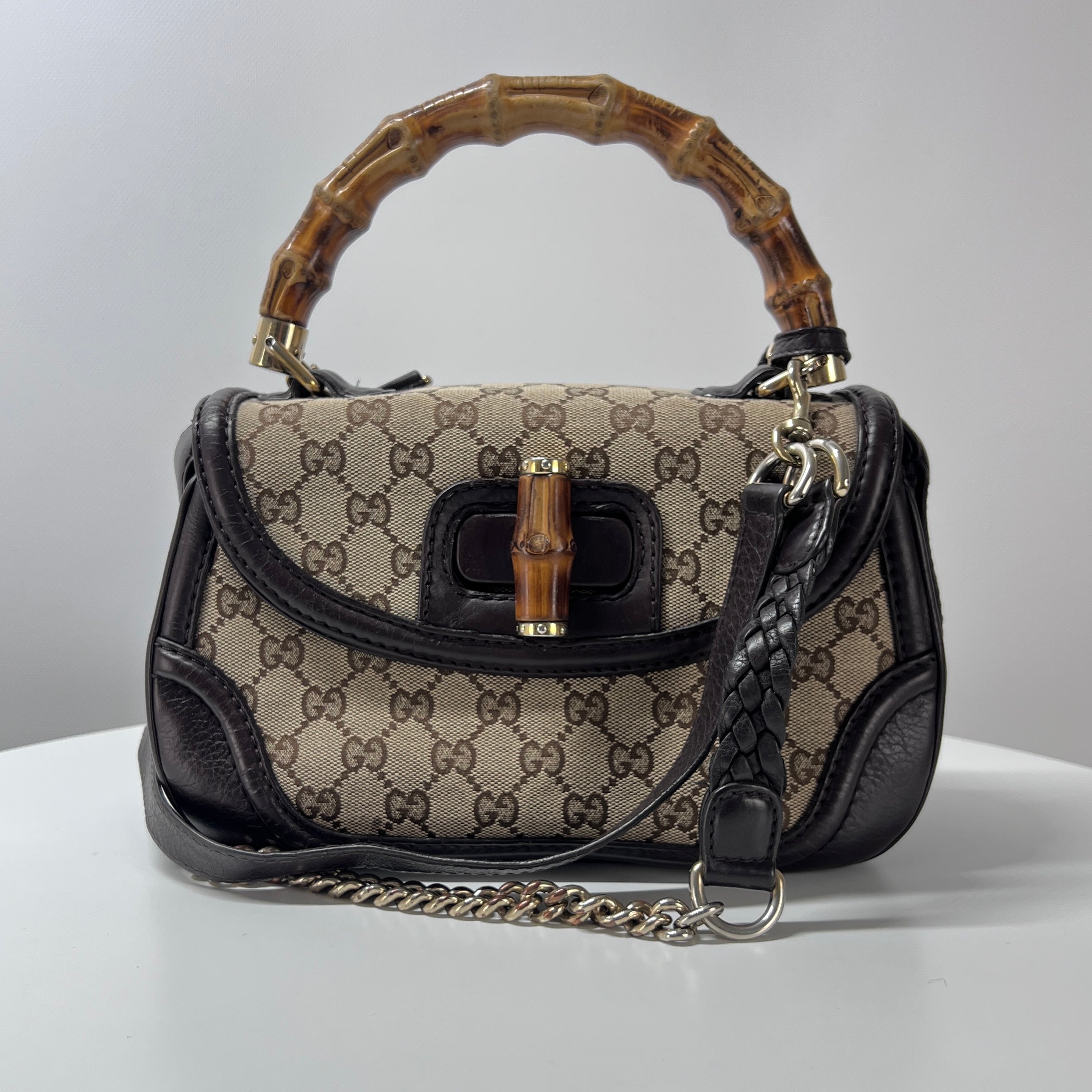 GUCCI Bamboo 1947 canvas and brown leather handbag