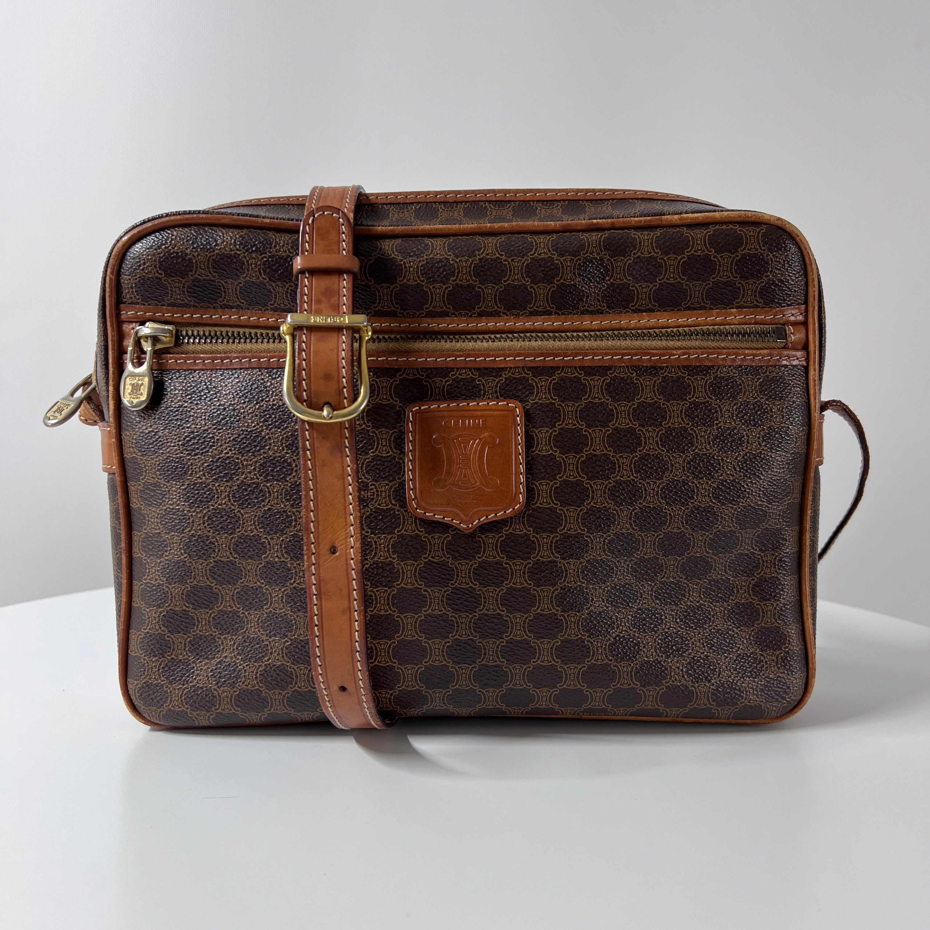 Sac à main CELINE Camera Strap toile et cuir marron