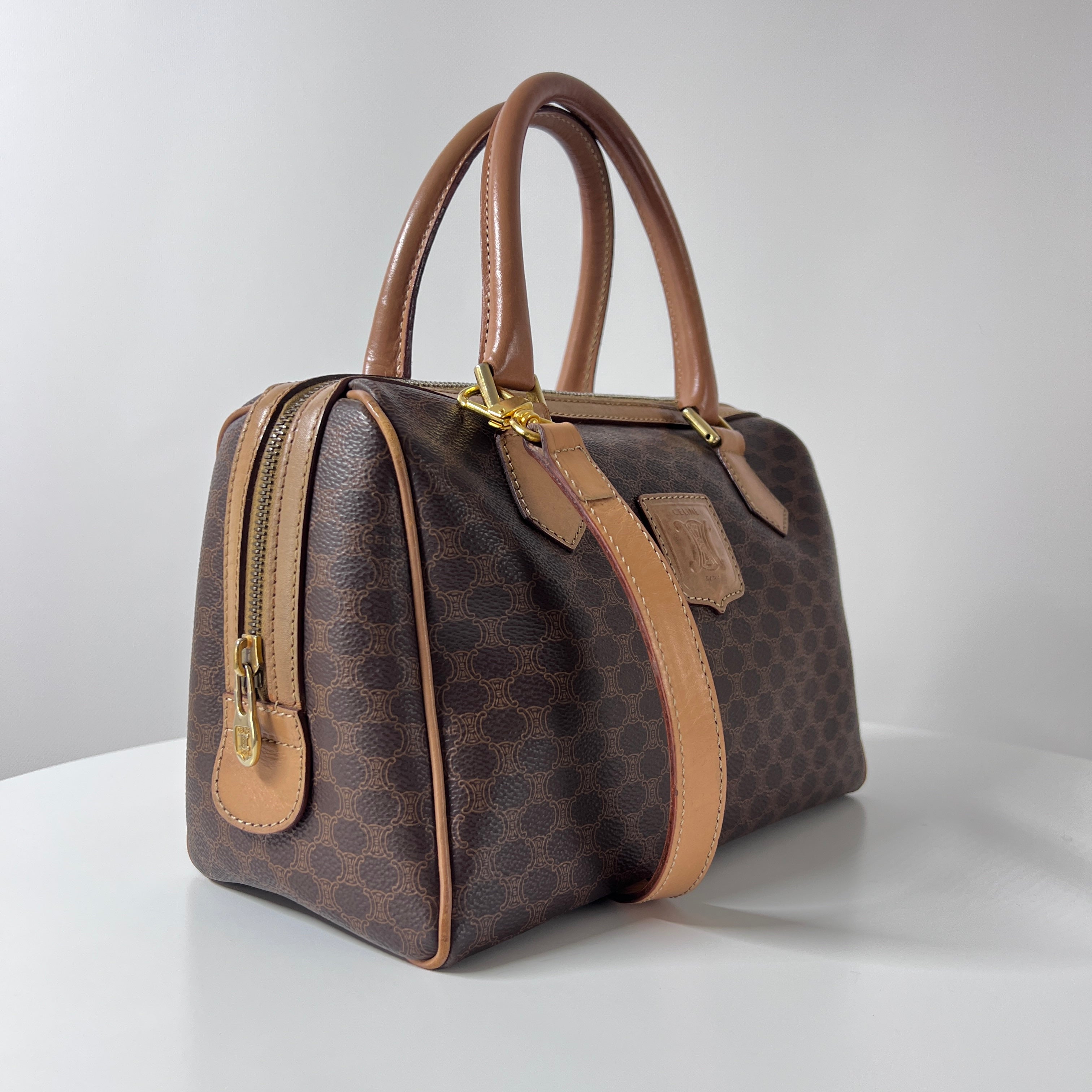 CELINE Boston Strap handbag in brown canvas and leather