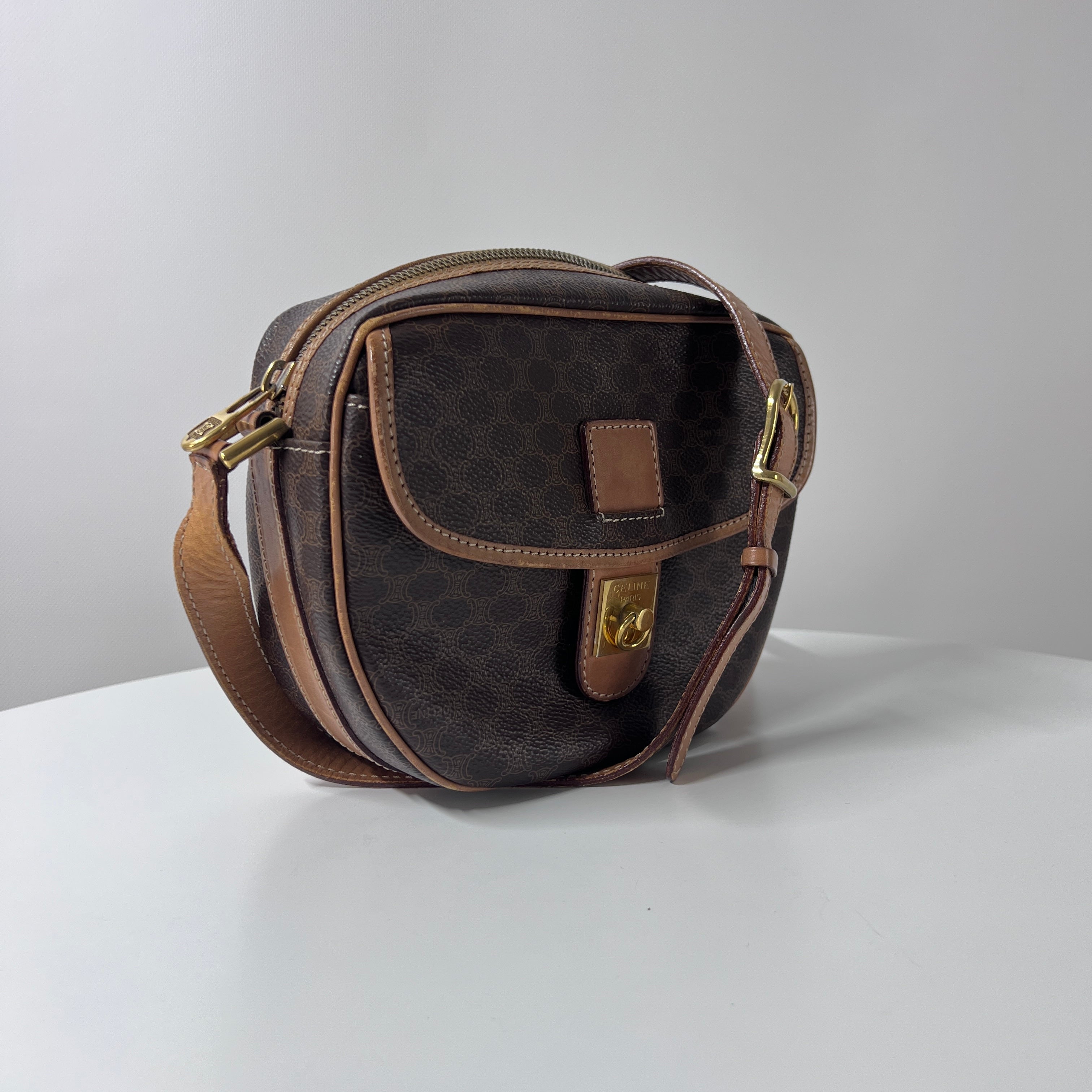 CELINE canvas and brown leather handbag