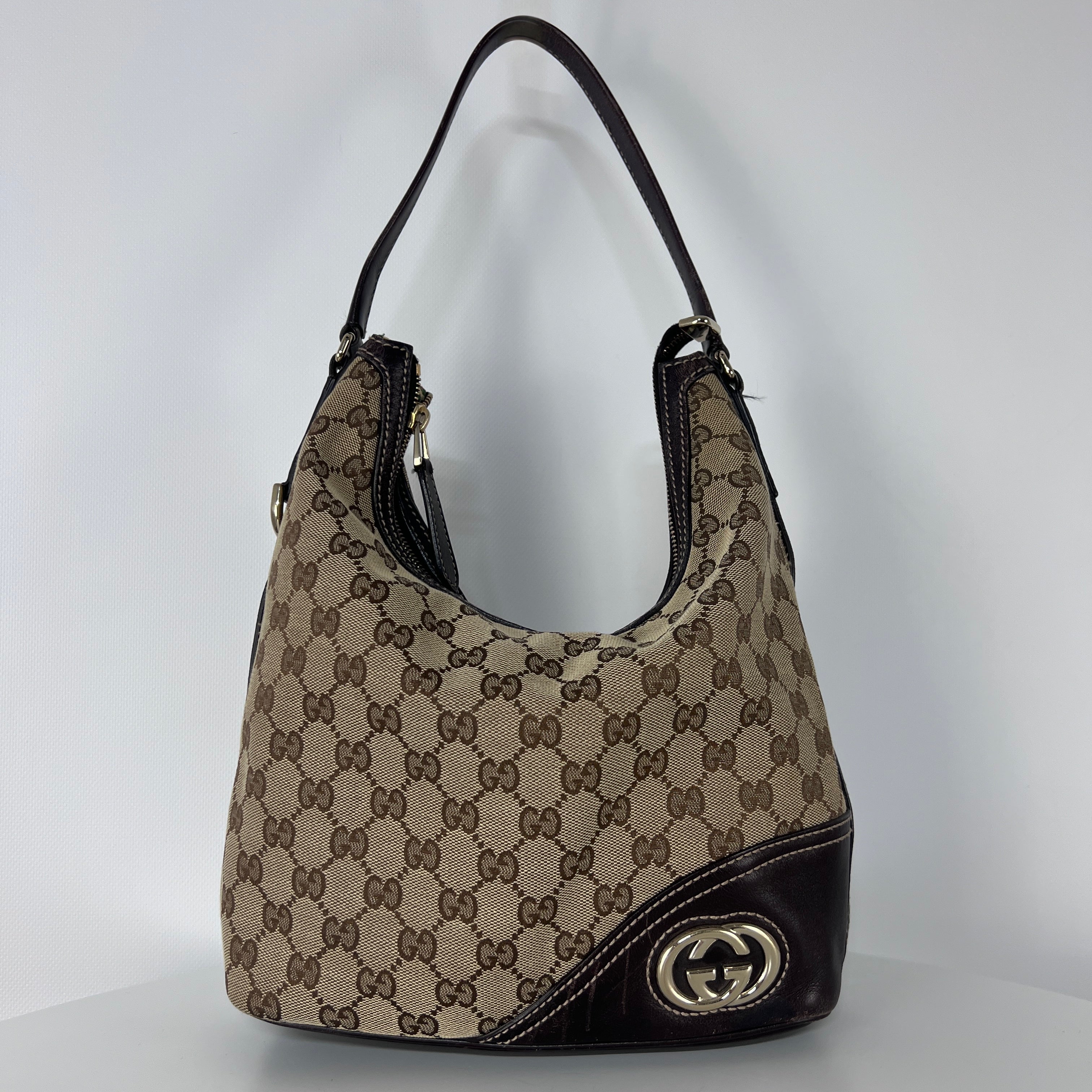 GUCCI Hobo handbag in brown canvas and leather