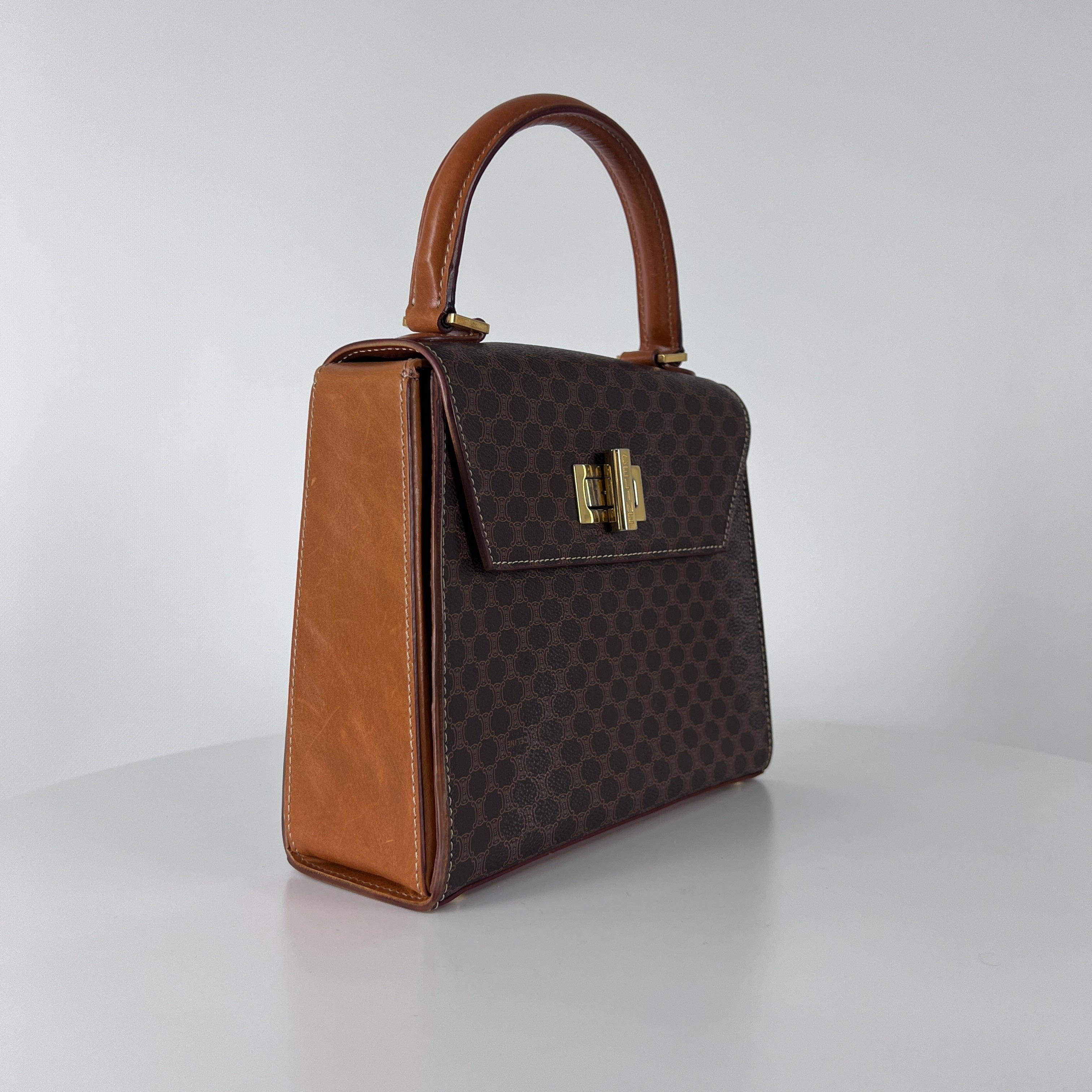 CELINE Top Handle handbag in brown canvas and leather