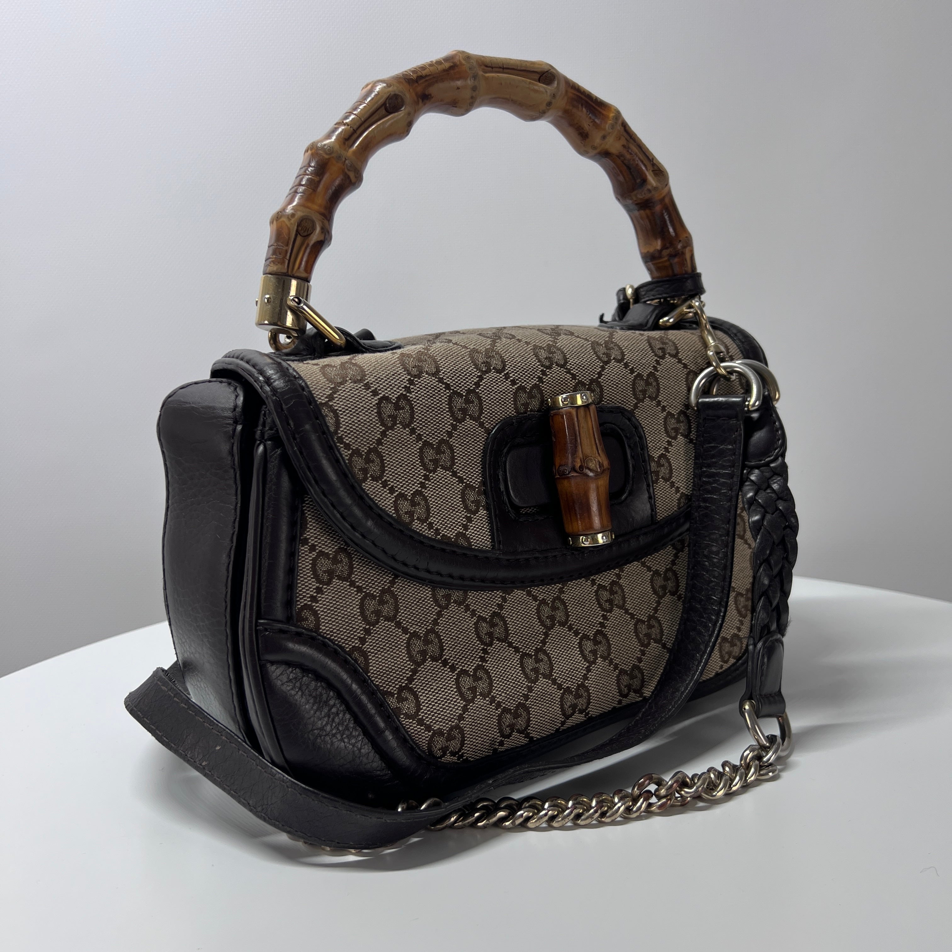 GUCCI Bamboo 1947 canvas and brown leather handbag