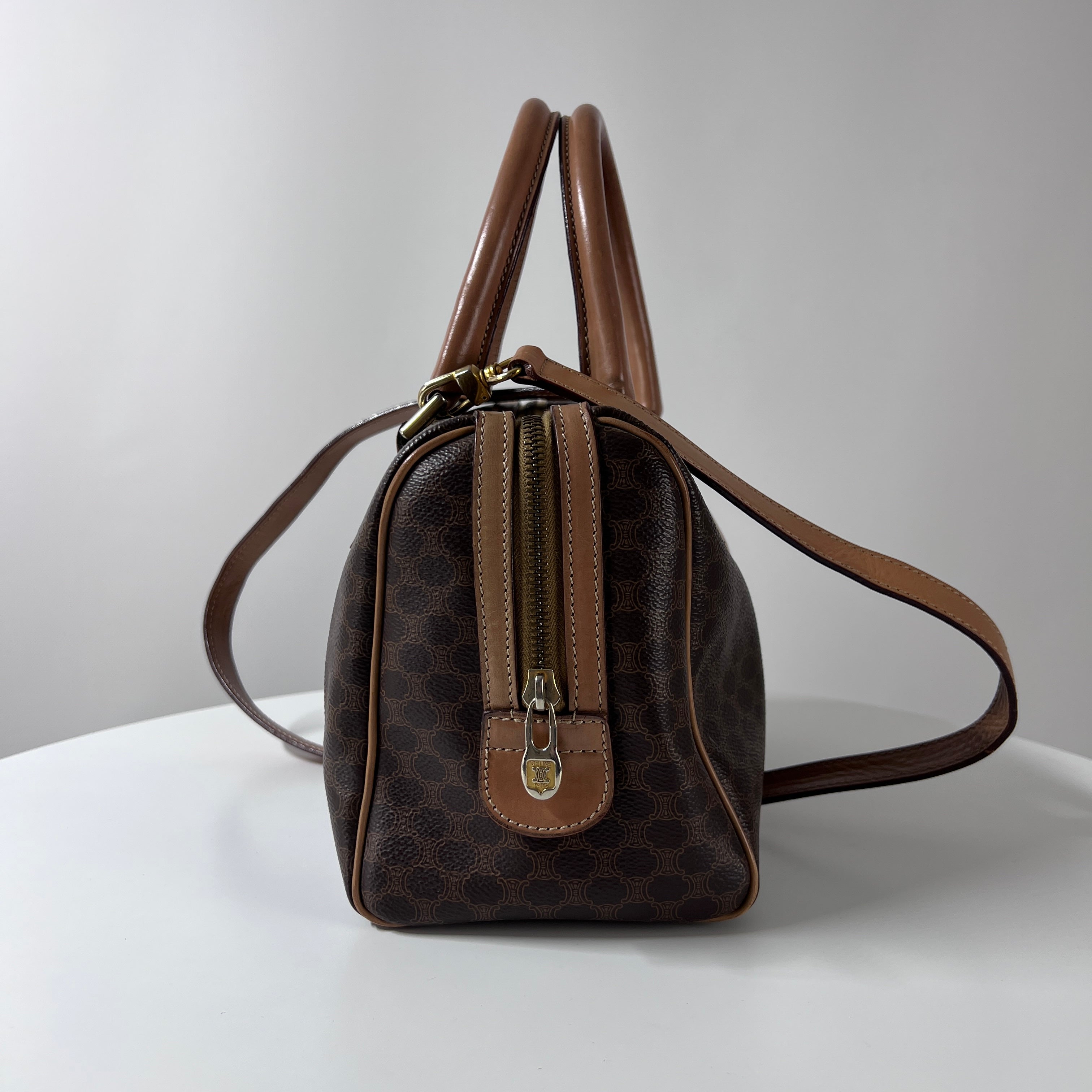 Sac à main CELINE Boston Strap toile et cuir marron