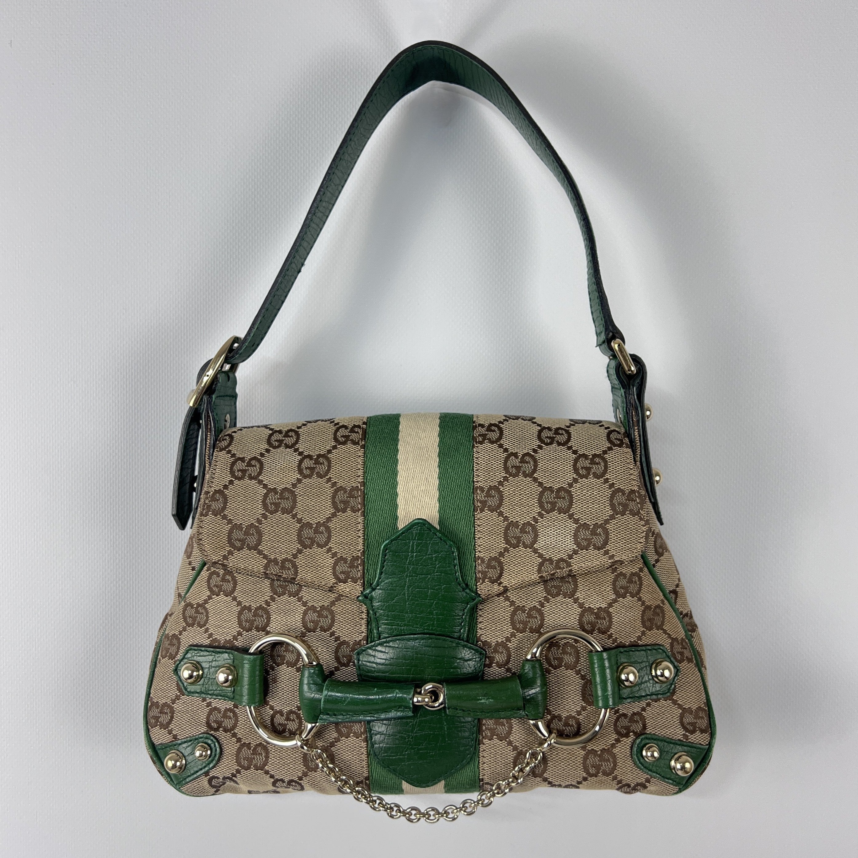GUCCI Horsebit two-tone canvas and leather handbag