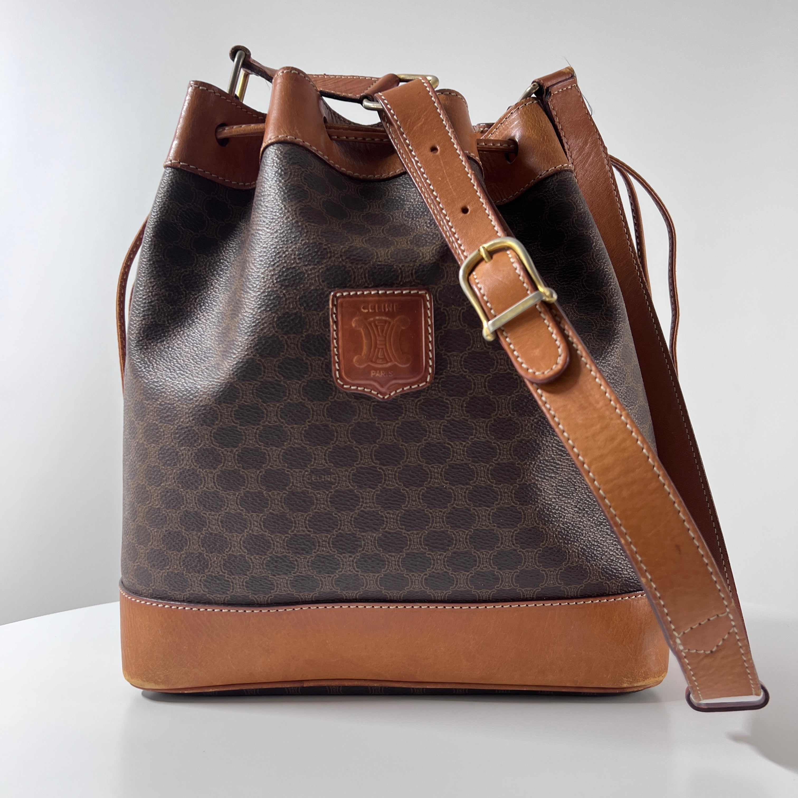 CELINE Bucket Bag canvas and brown leather handbag