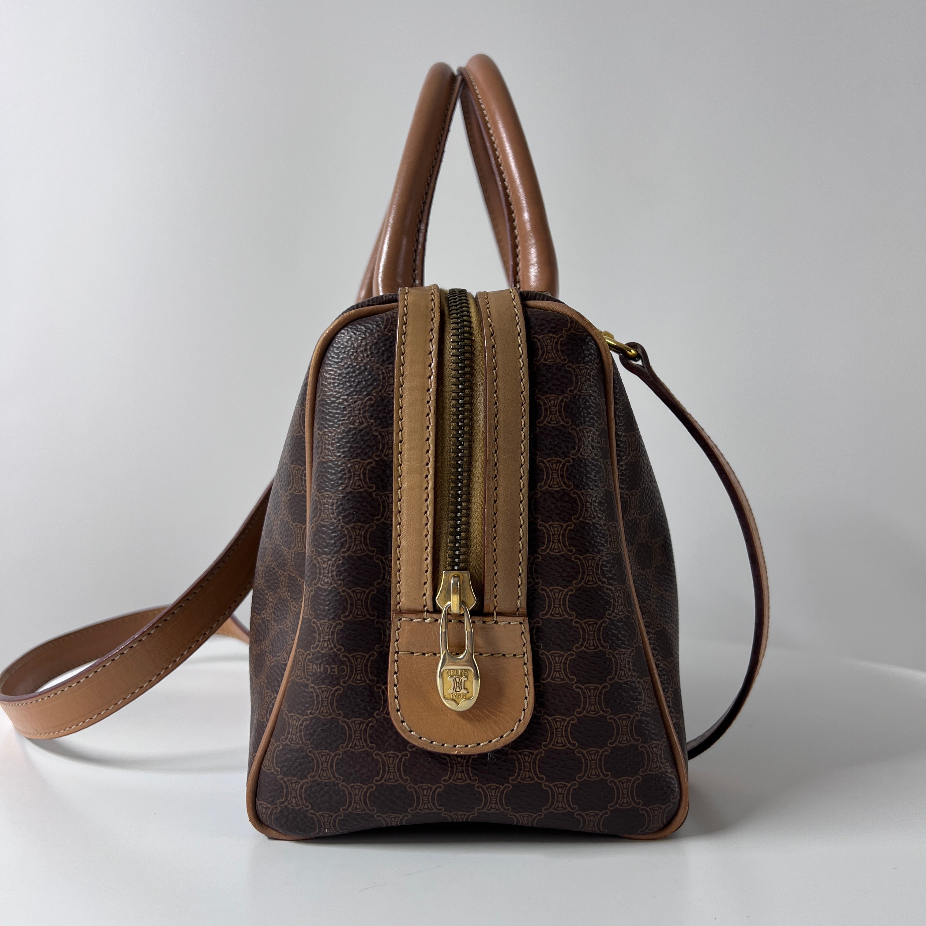 CELINE Boston Strap handbag in brown canvas and leather