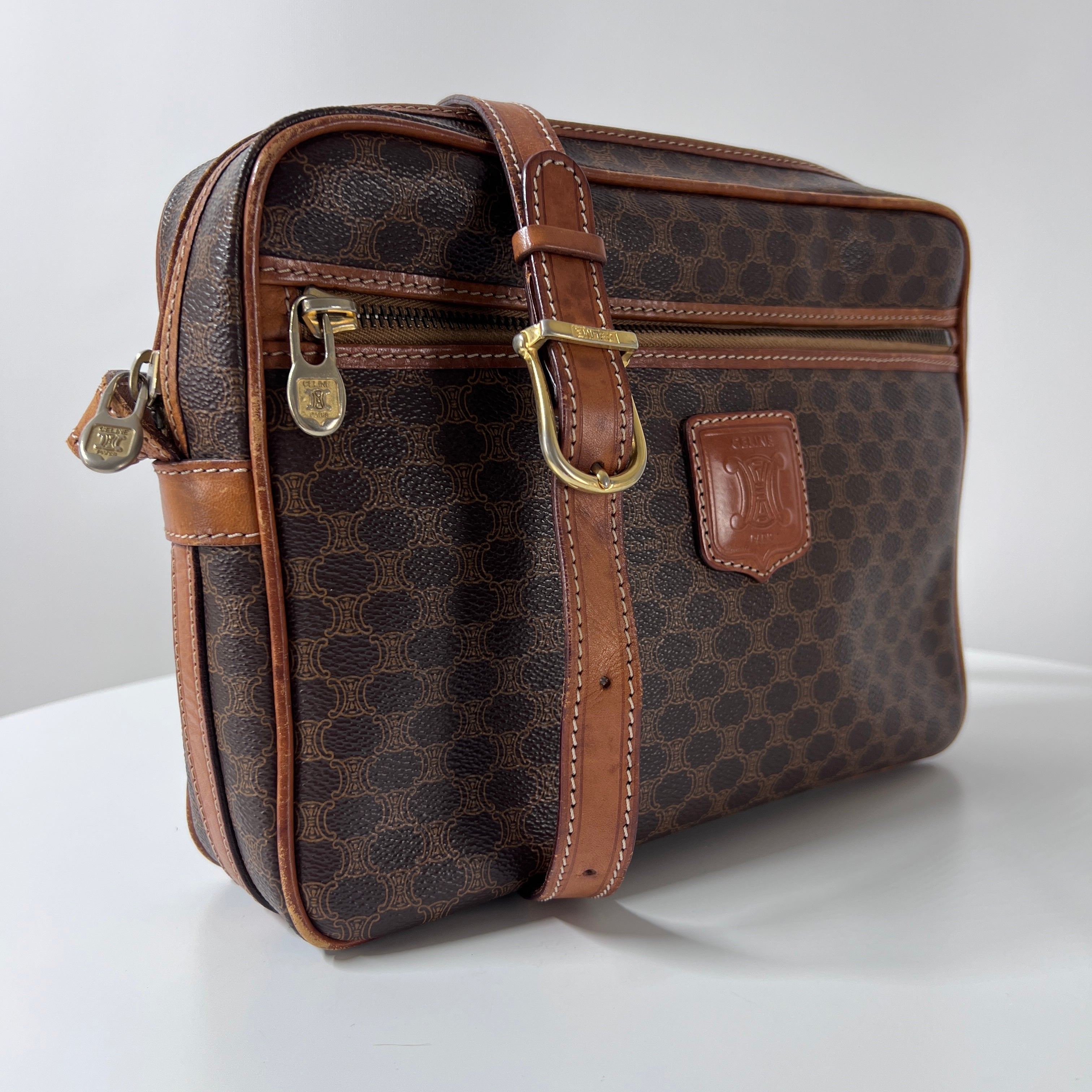 Sac à main CELINE Camera Strap toile et cuir marron