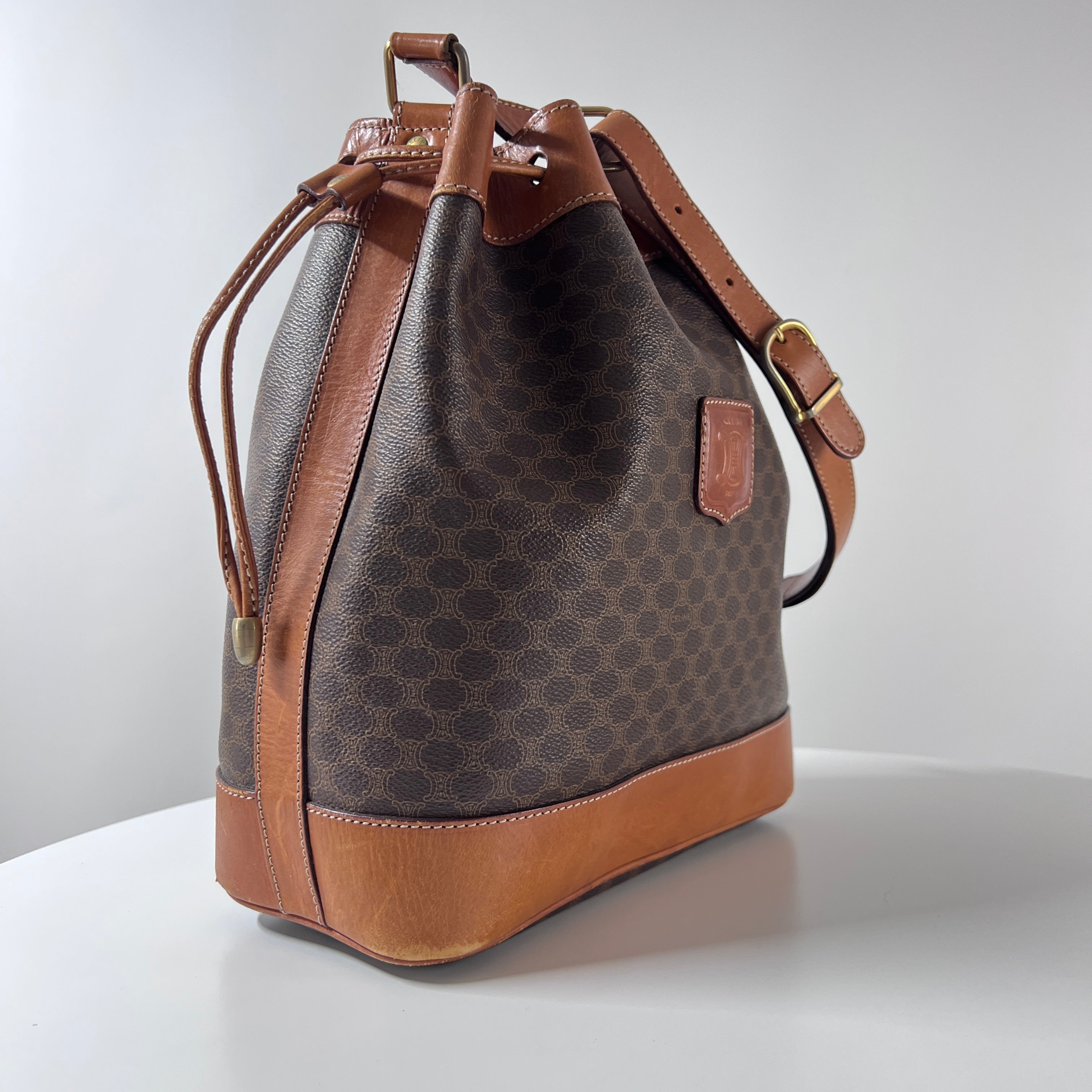 CELINE Bucket Bag canvas and brown leather handbag