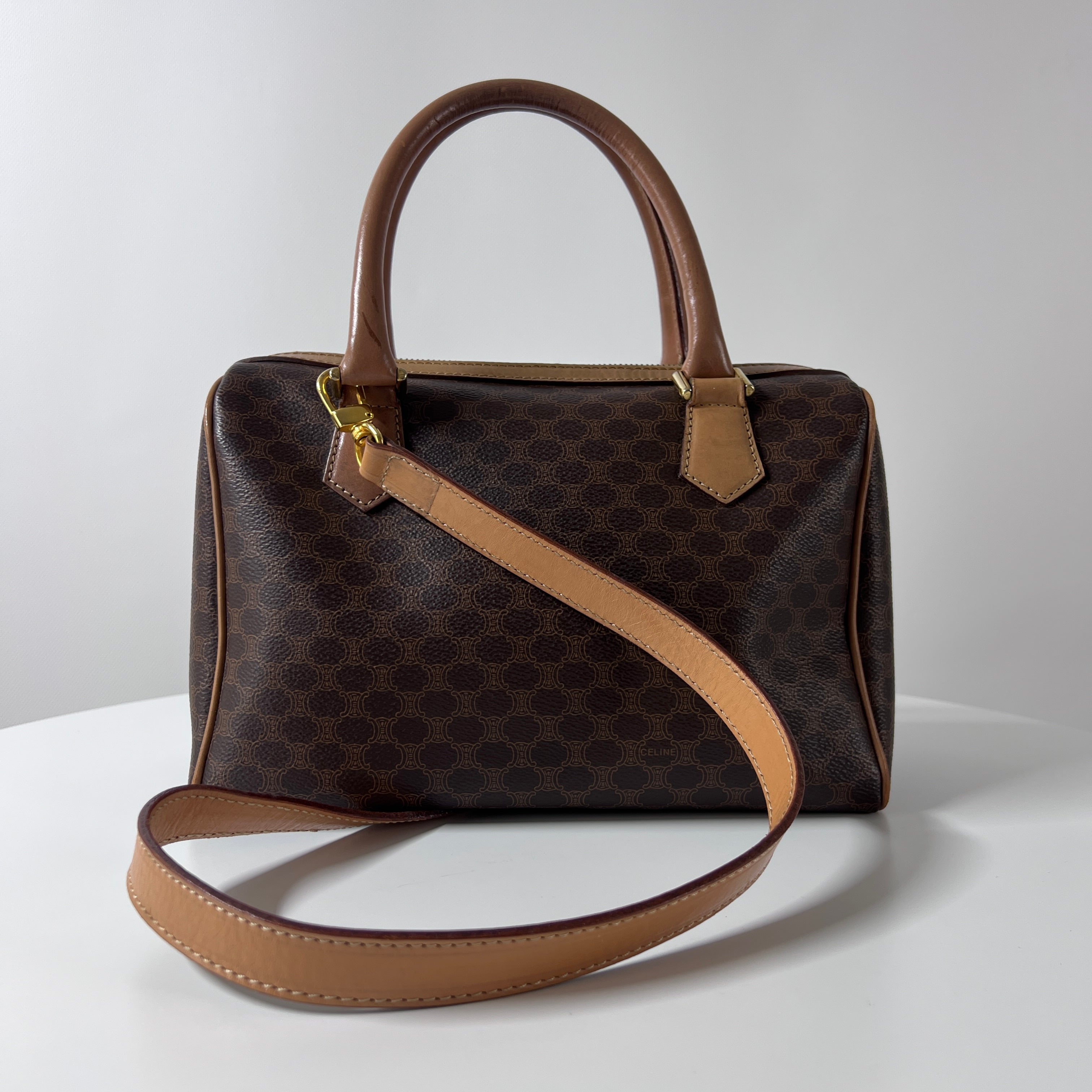 CELINE Boston Strap handbag in brown canvas and leather