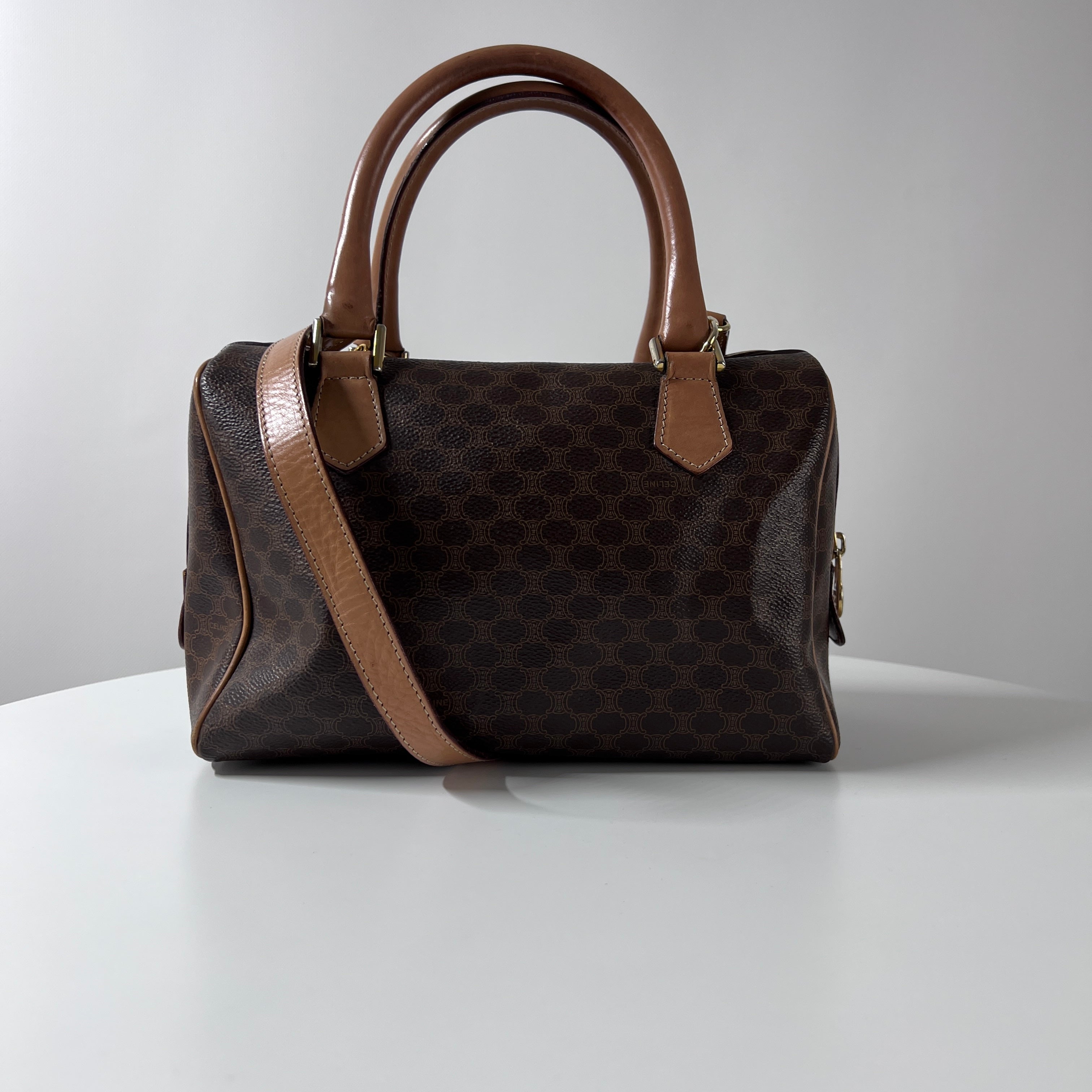 Sac à main CELINE Boston Strap toile et cuir marron
