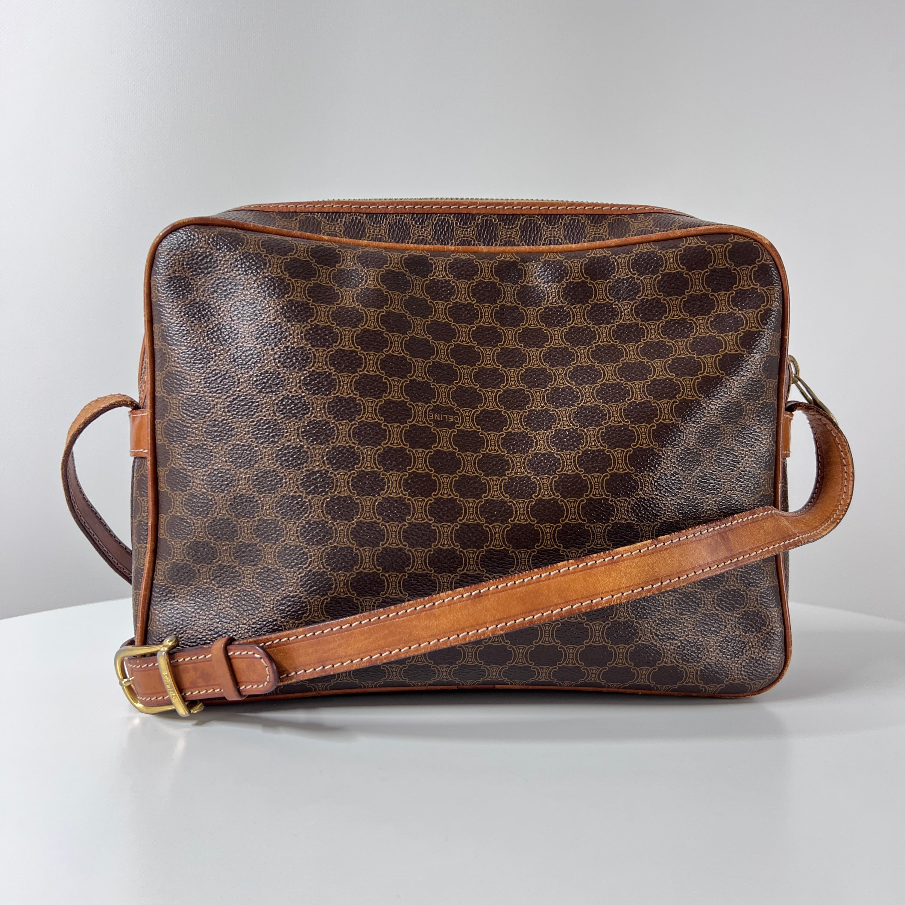 Sac à main CELINE Camera Strap toile et cuir marron