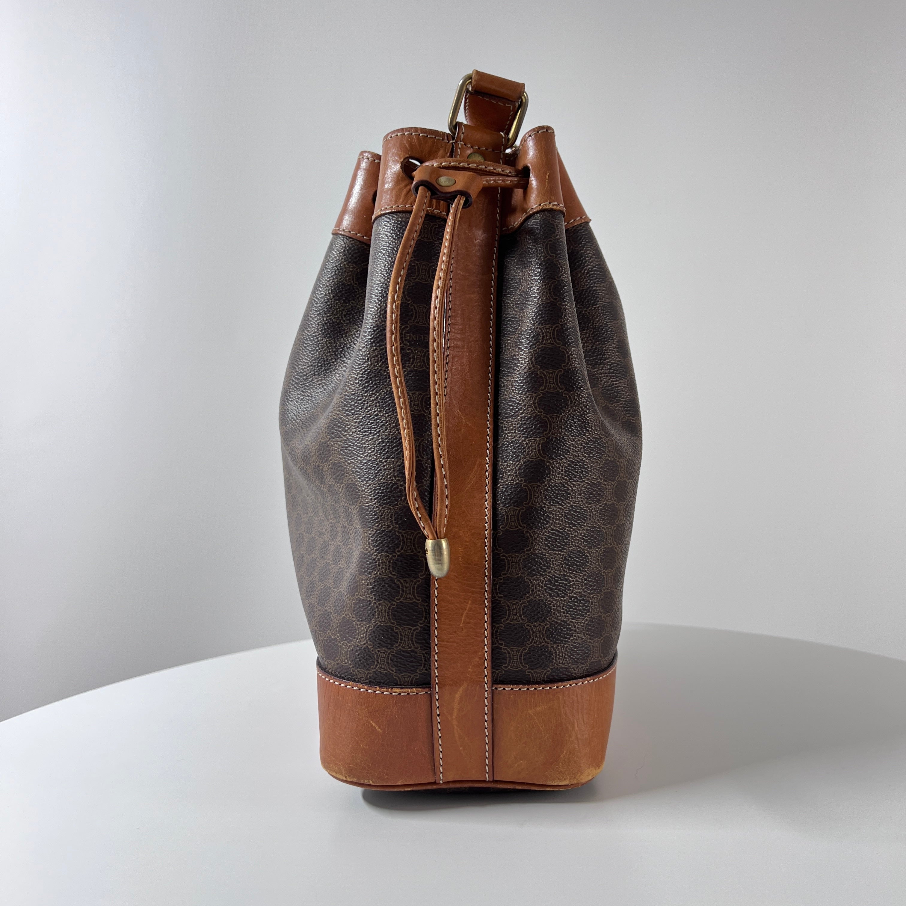 CELINE Bucket Bag canvas and brown leather handbag