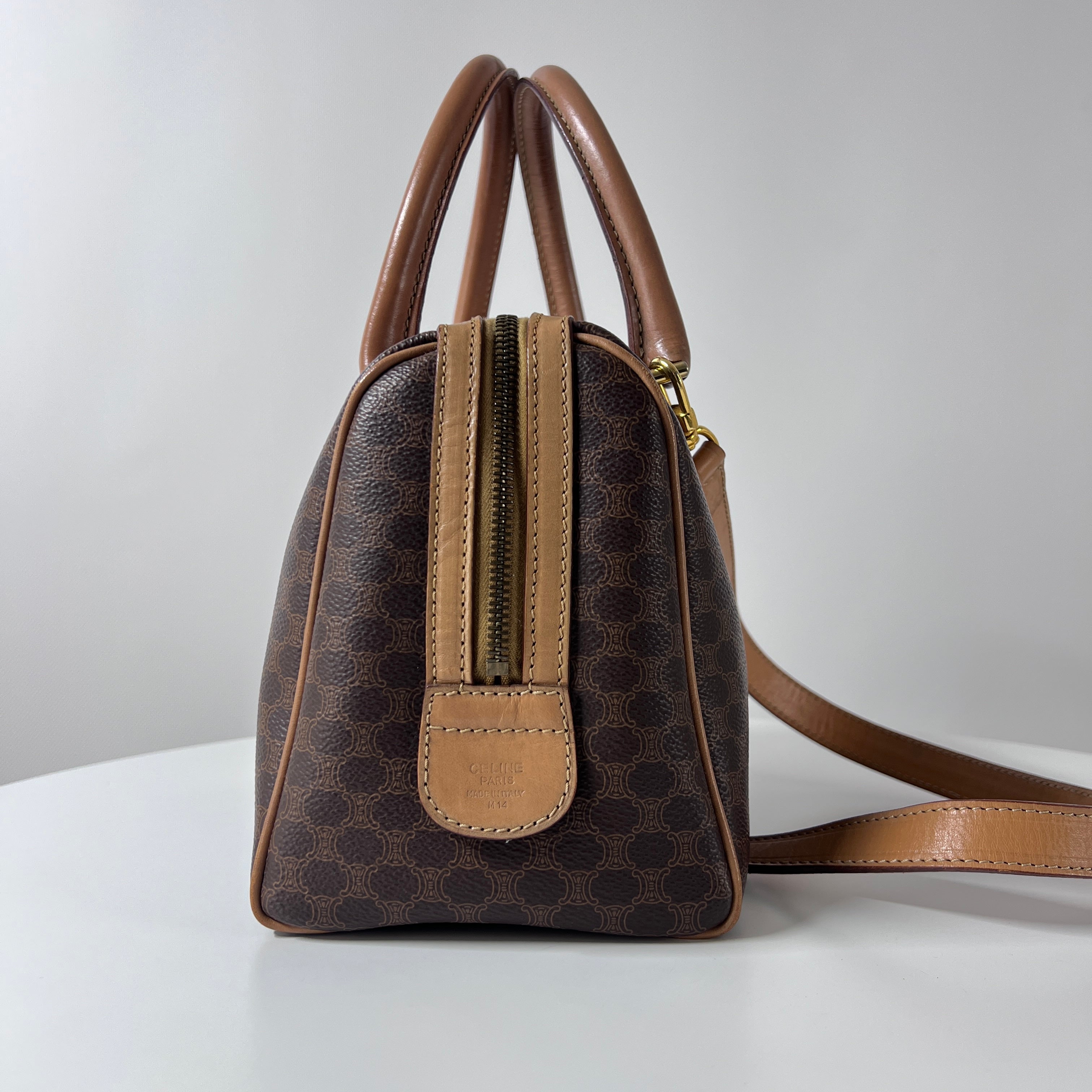 CELINE Boston Strap handbag in brown canvas and leather