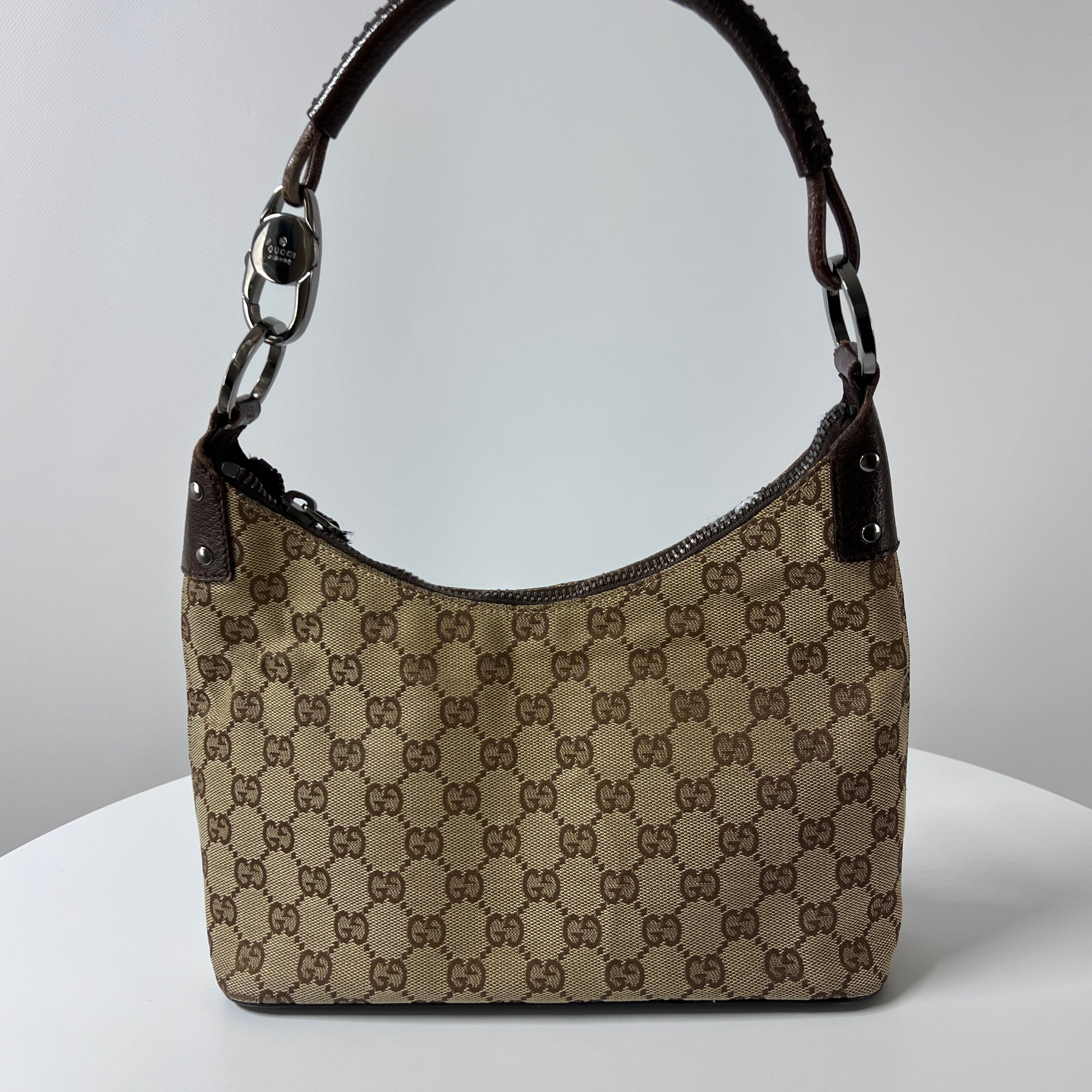 GUCCI Hobo handbag in brown canvas and leather