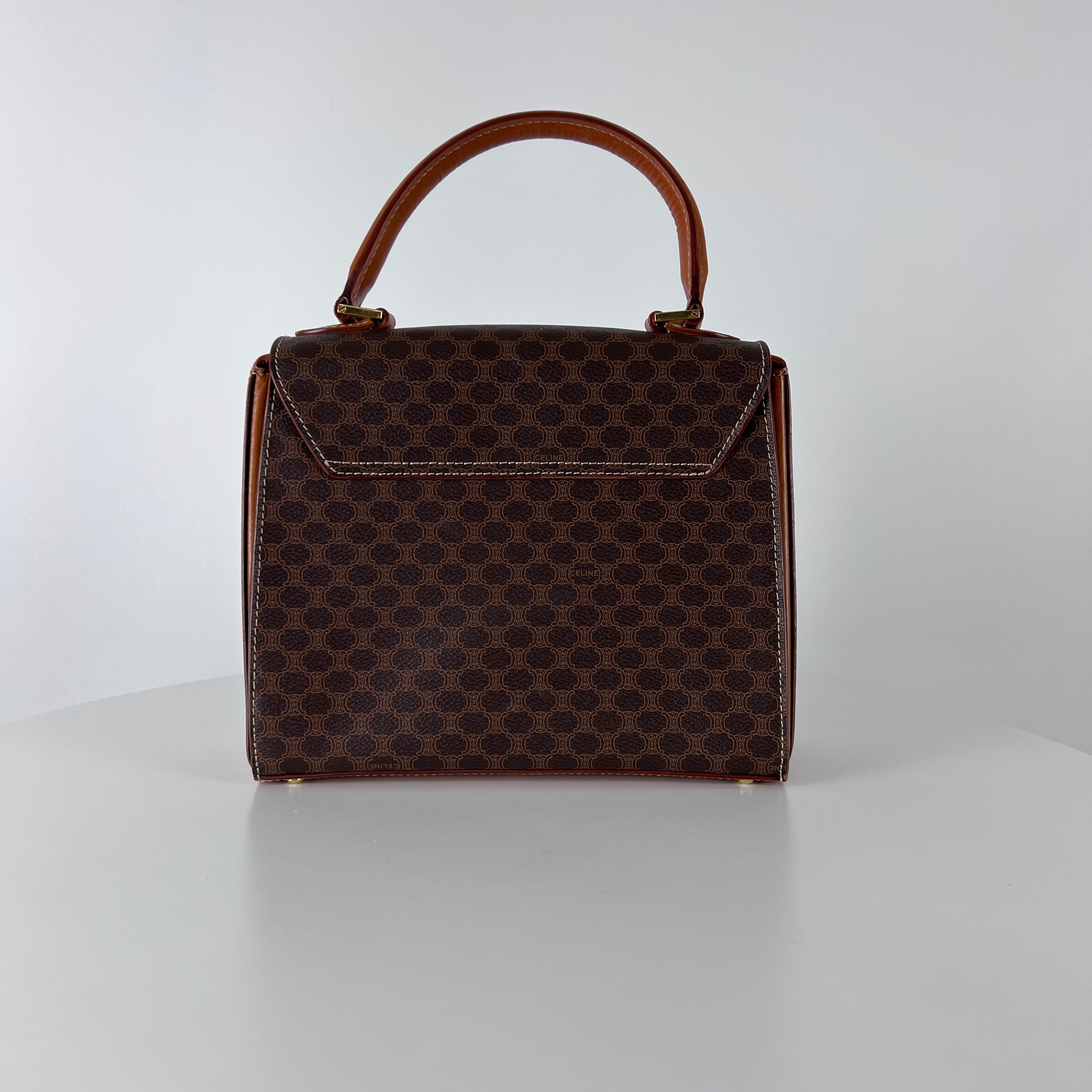 CELINE Top Handle handbag in brown canvas and leather