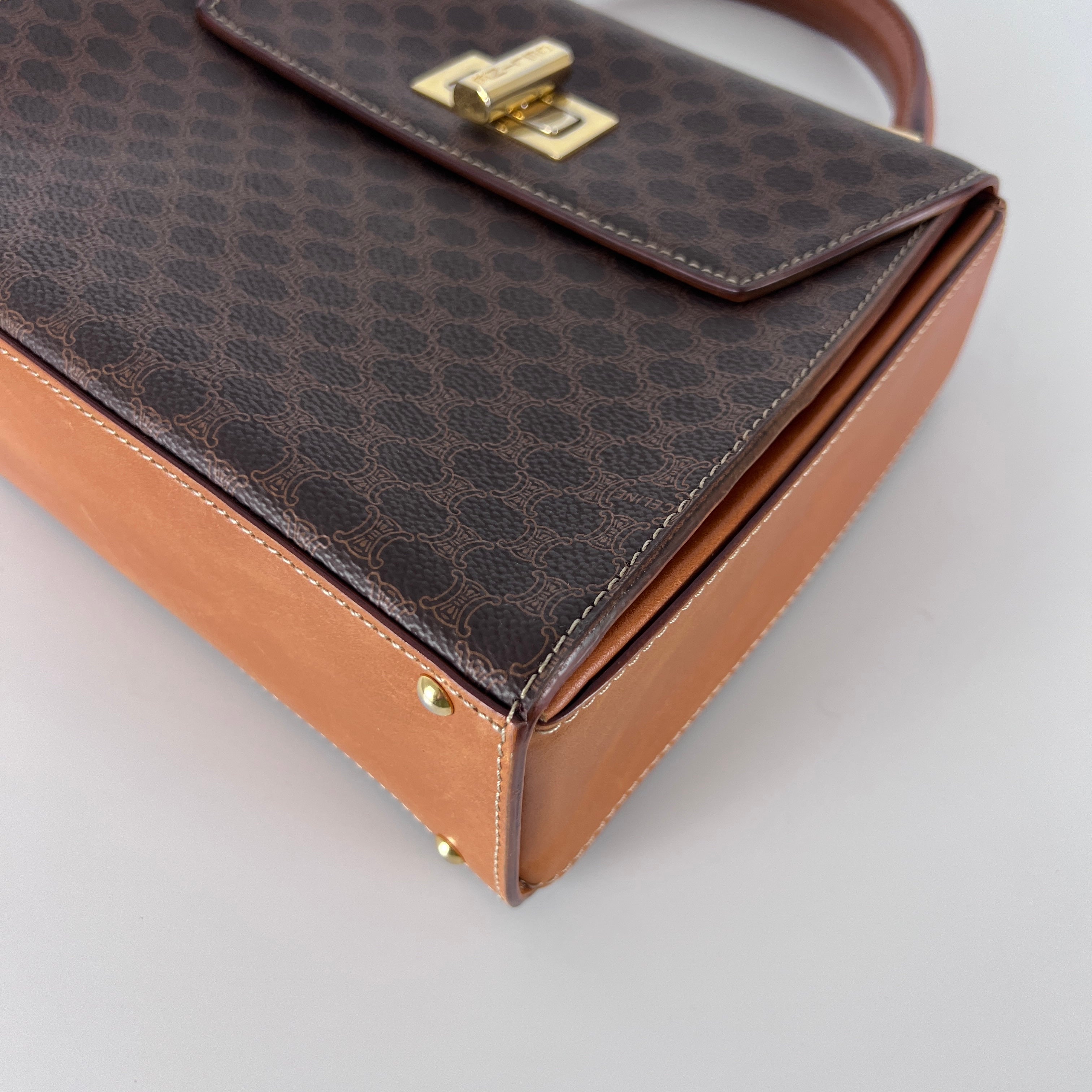 CELINE Top Handle handbag in brown canvas and leather