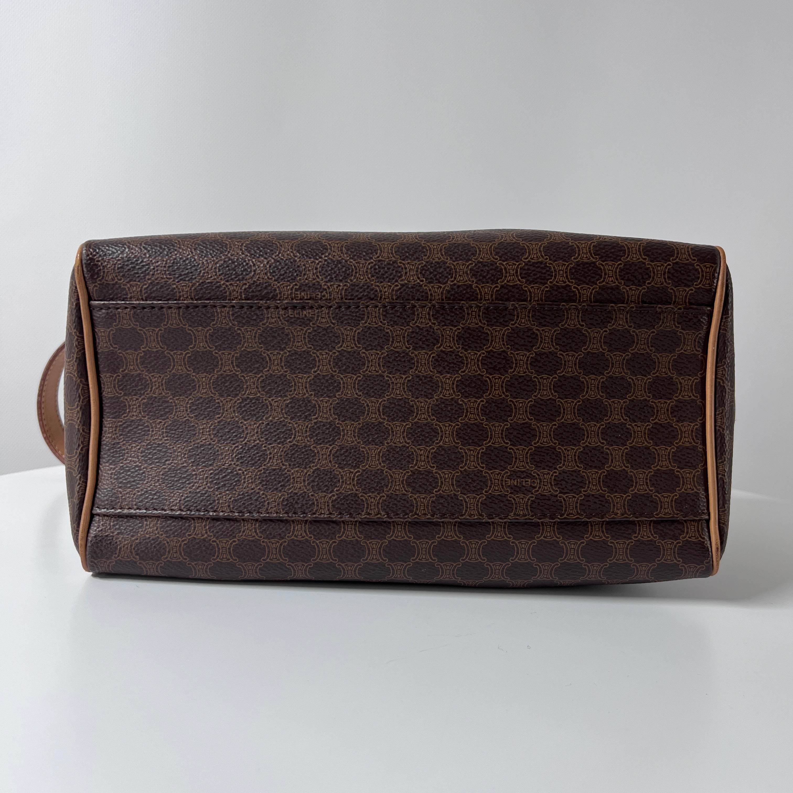 CELINE Boston Strap handbag in brown canvas and leather