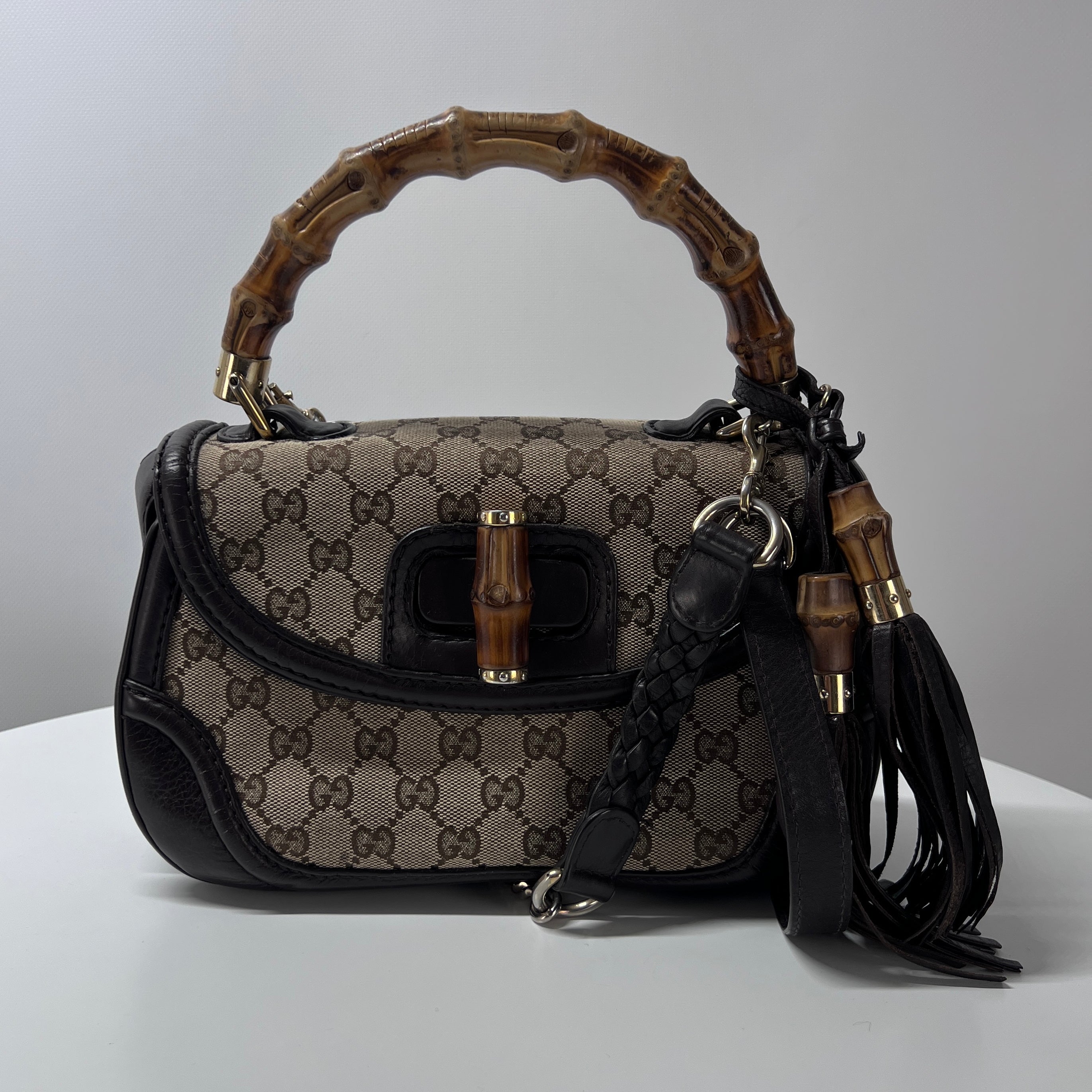 GUCCI Bamboo 1947 canvas and brown leather handbag