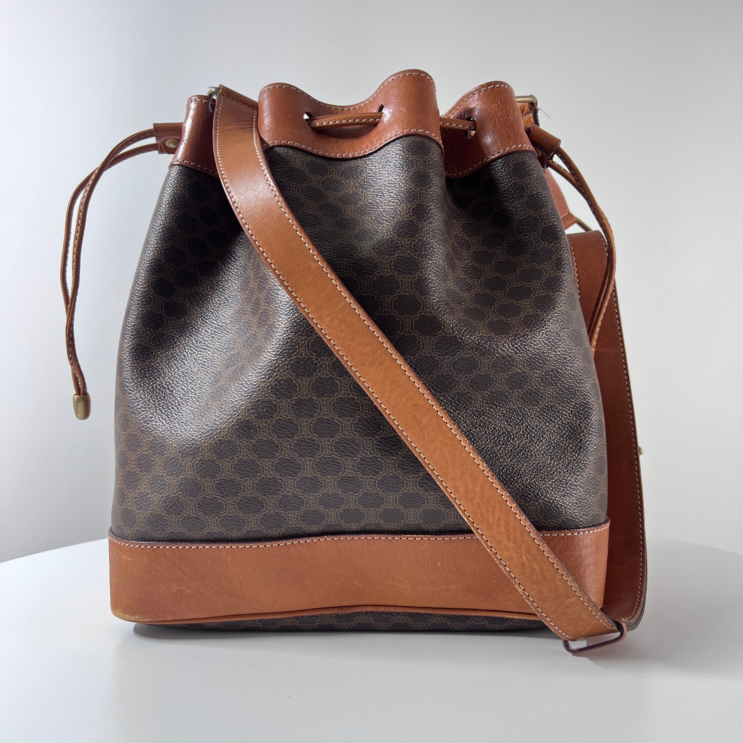 CELINE Bucket Bag canvas and brown leather handbag