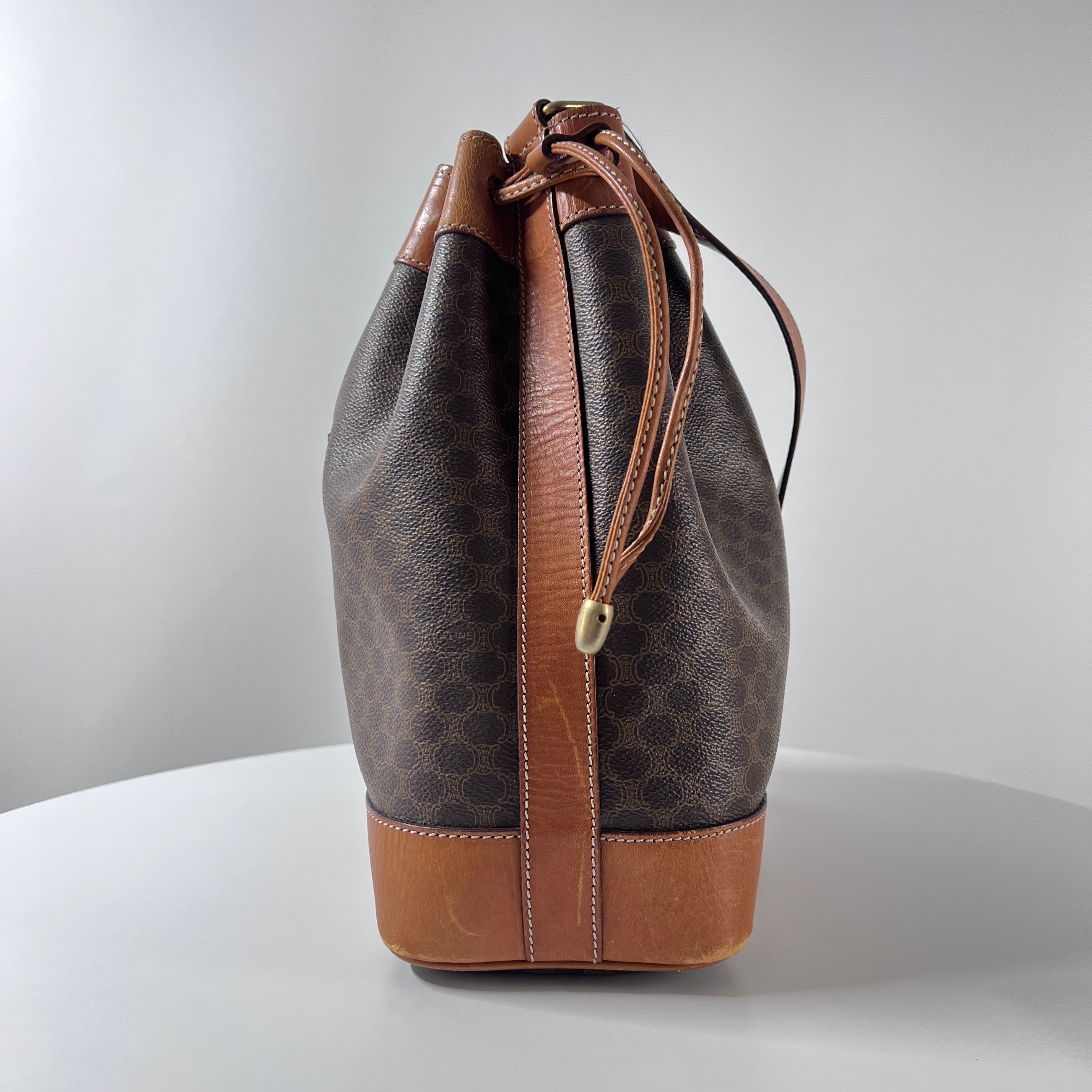 CELINE Bucket Bag canvas and brown leather handbag