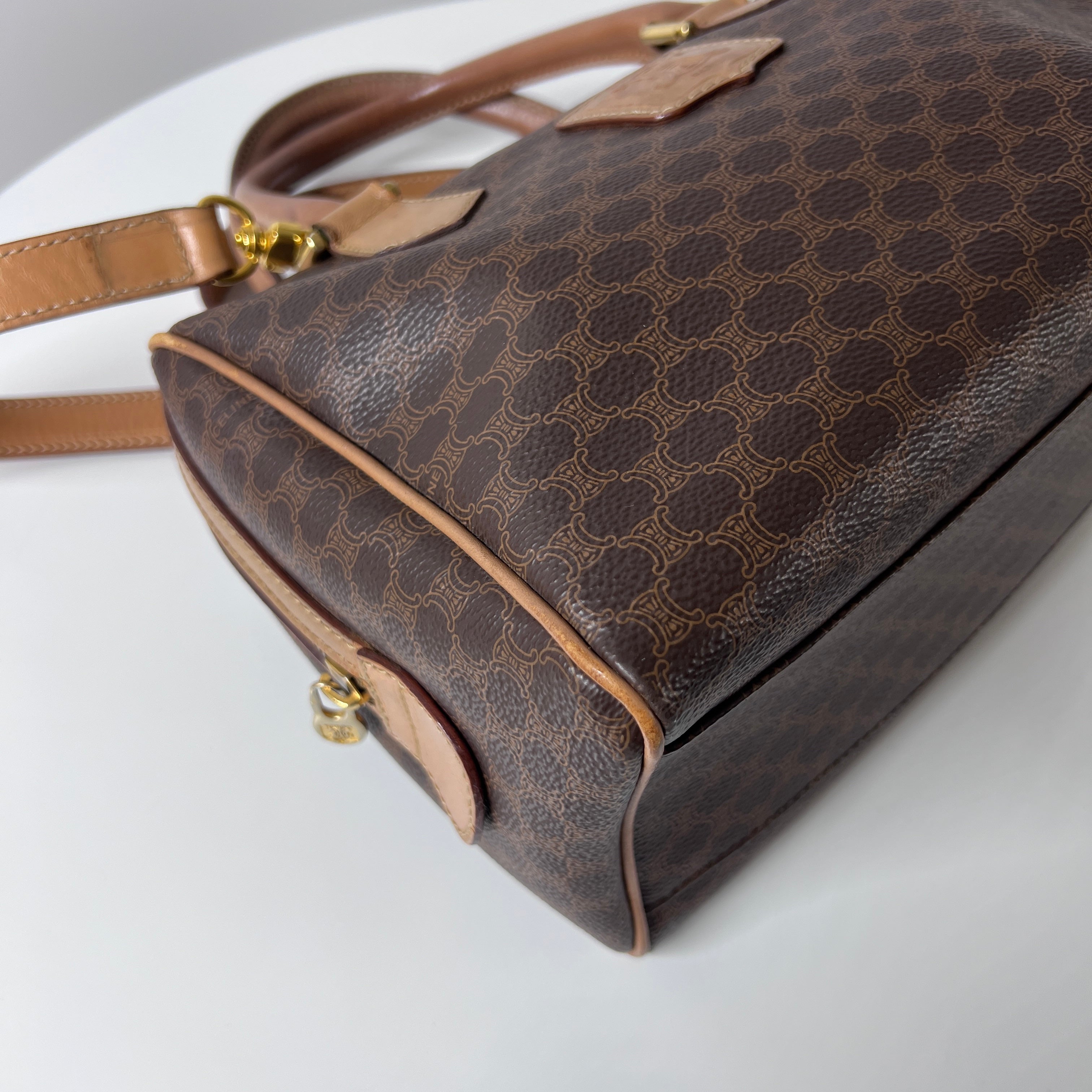 CELINE Boston Strap handbag in brown canvas and leather