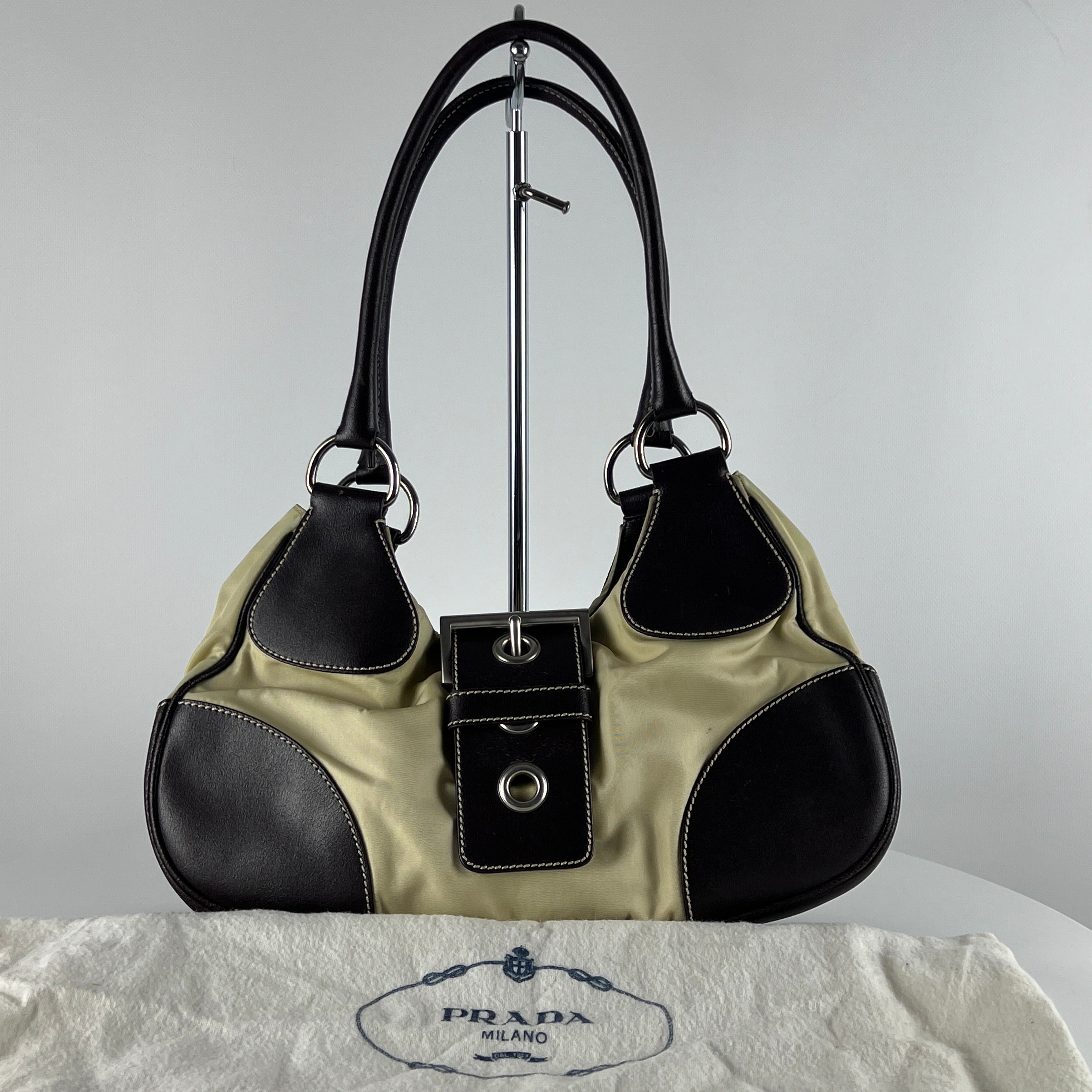 PRADA Hobo handbag in brown canvas and leather