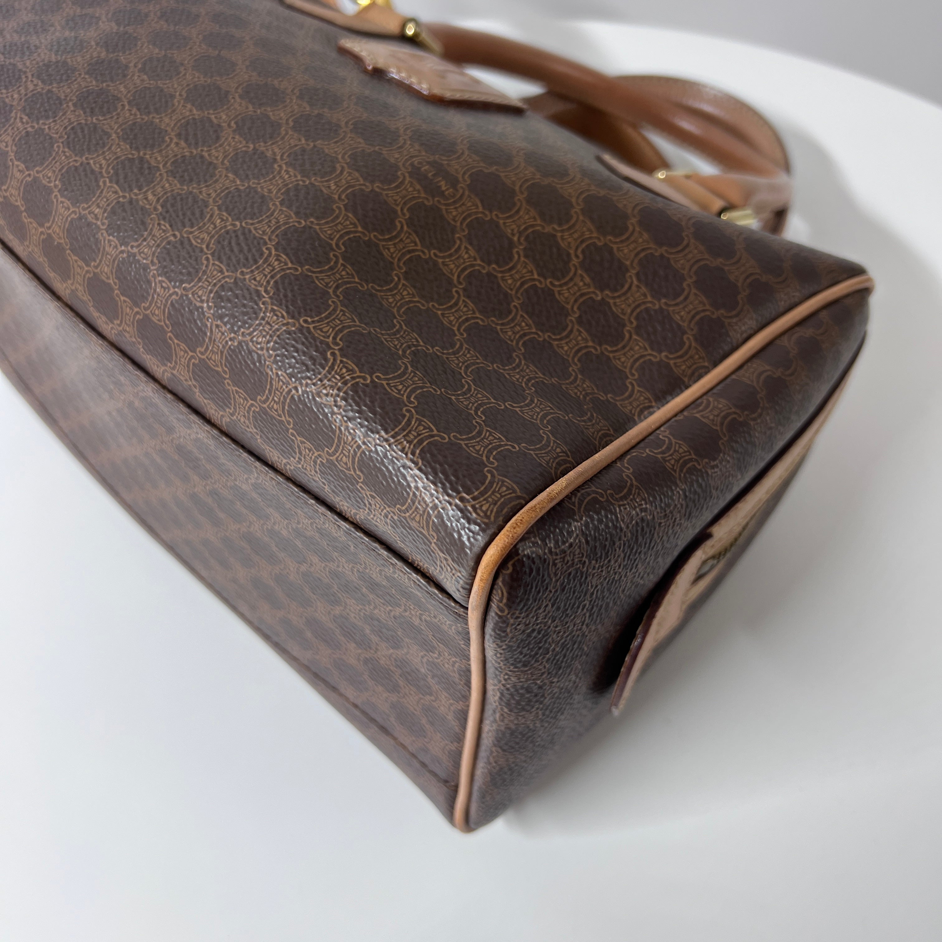 CELINE Boston Strap handbag in brown canvas and leather