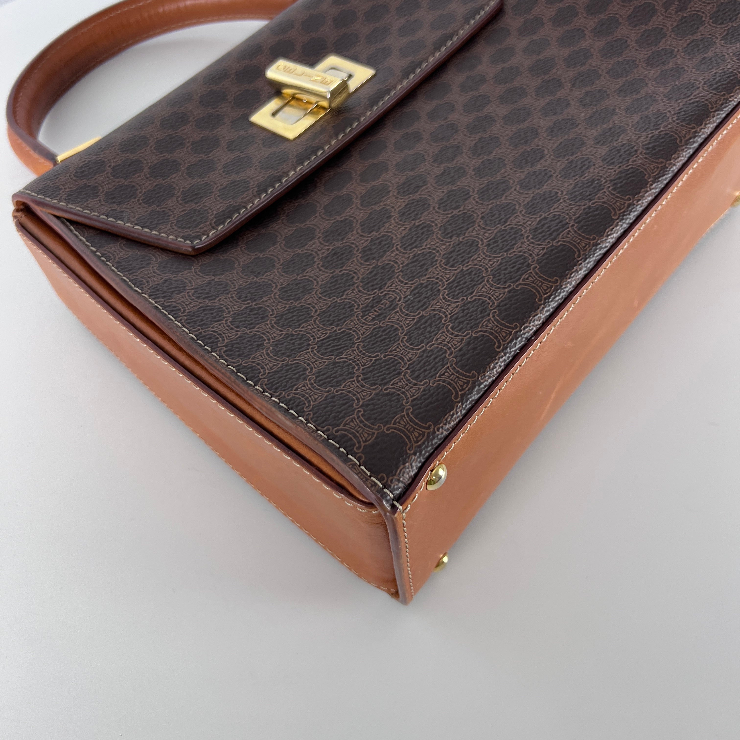 CELINE Top Handle handbag in brown canvas and leather