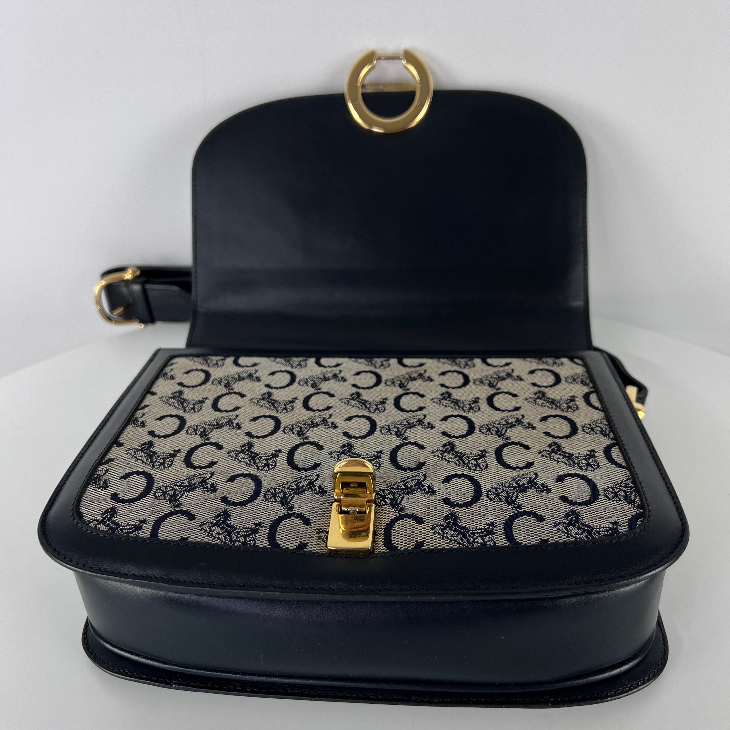 Sac à main CELINE Triomphe toile et cuir navy