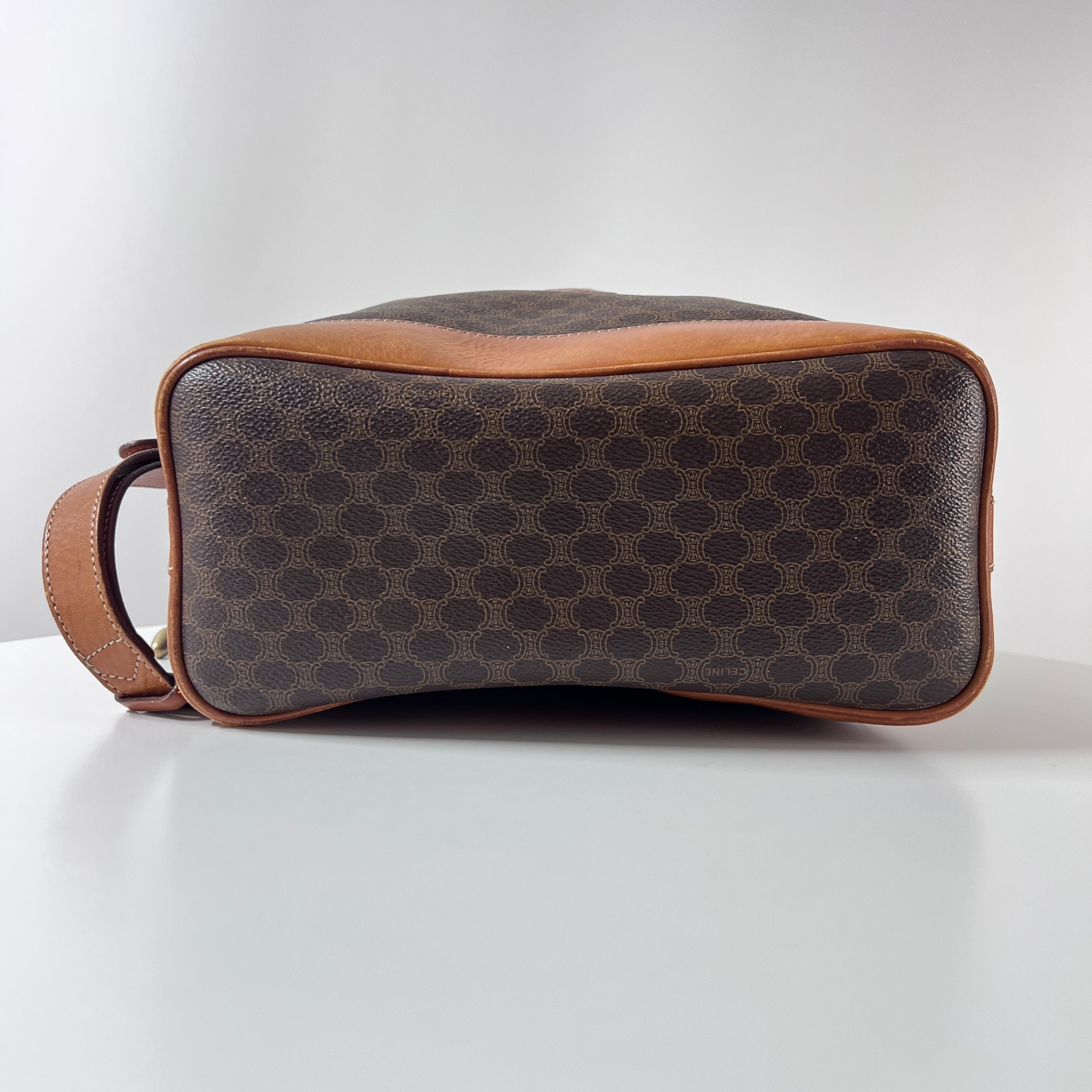 CELINE Bucket Bag canvas and brown leather handbag