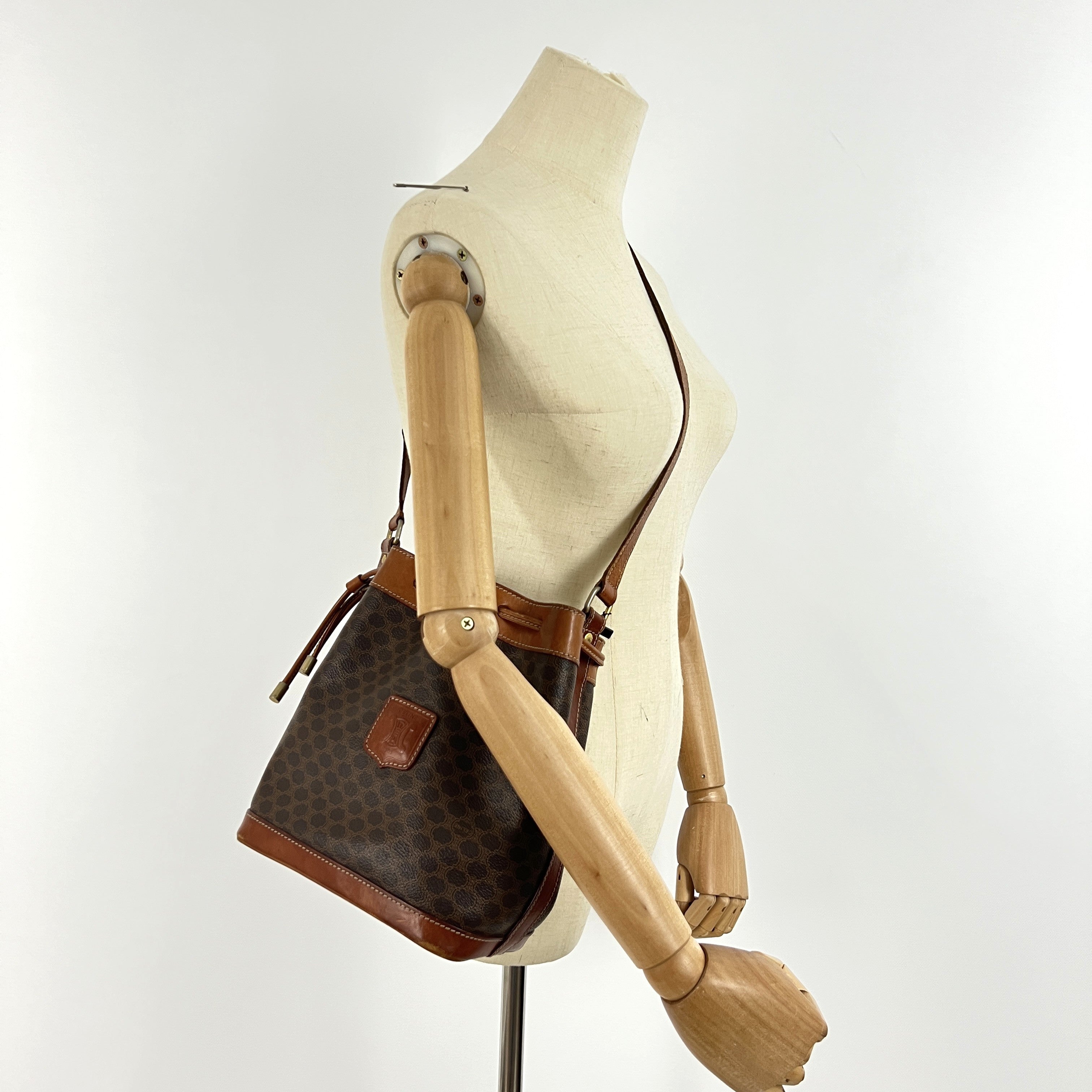 CELINE Mini Bucket Handbag in brown canvas and leather