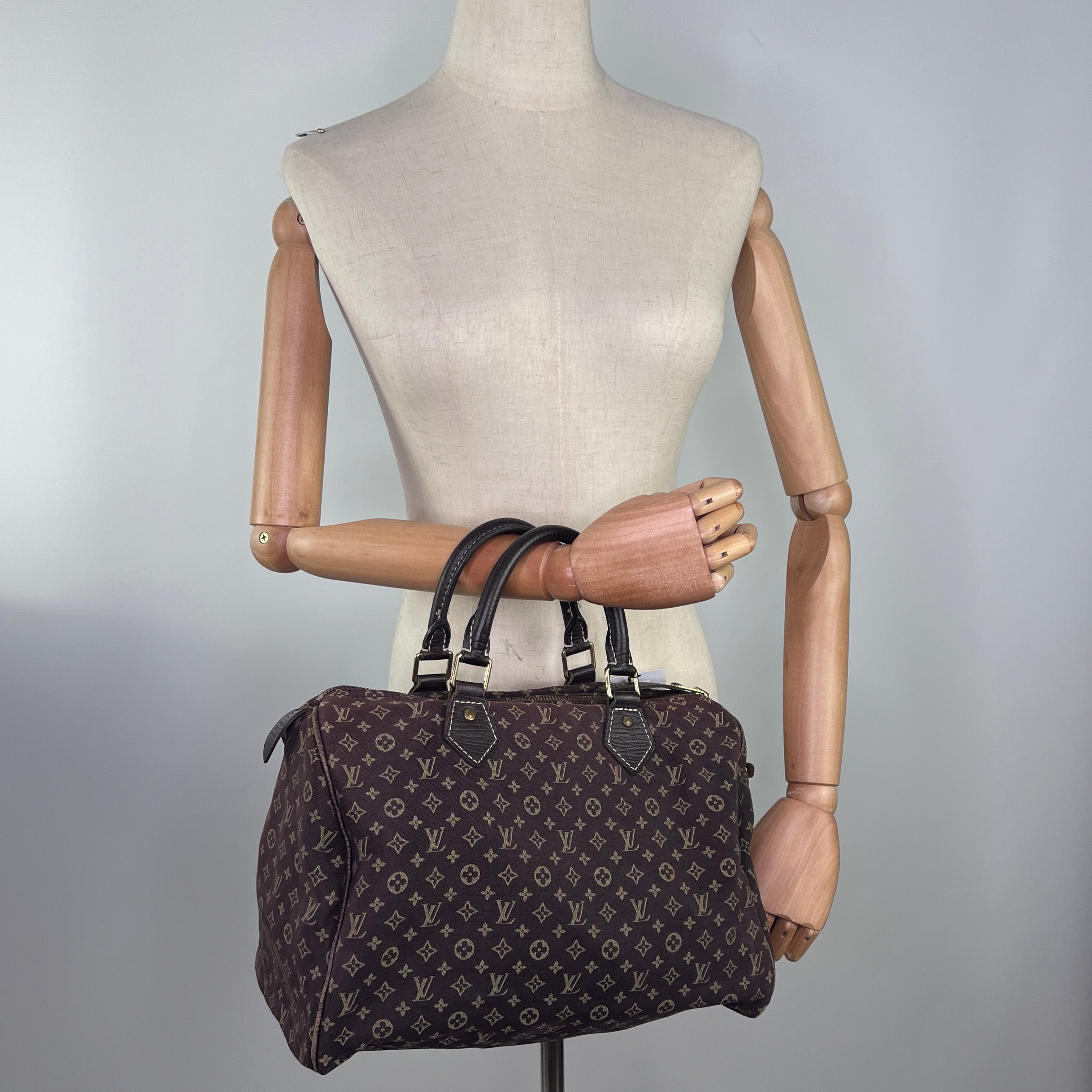 LOUIS VUITTON Speedy linen and brown leather handbag