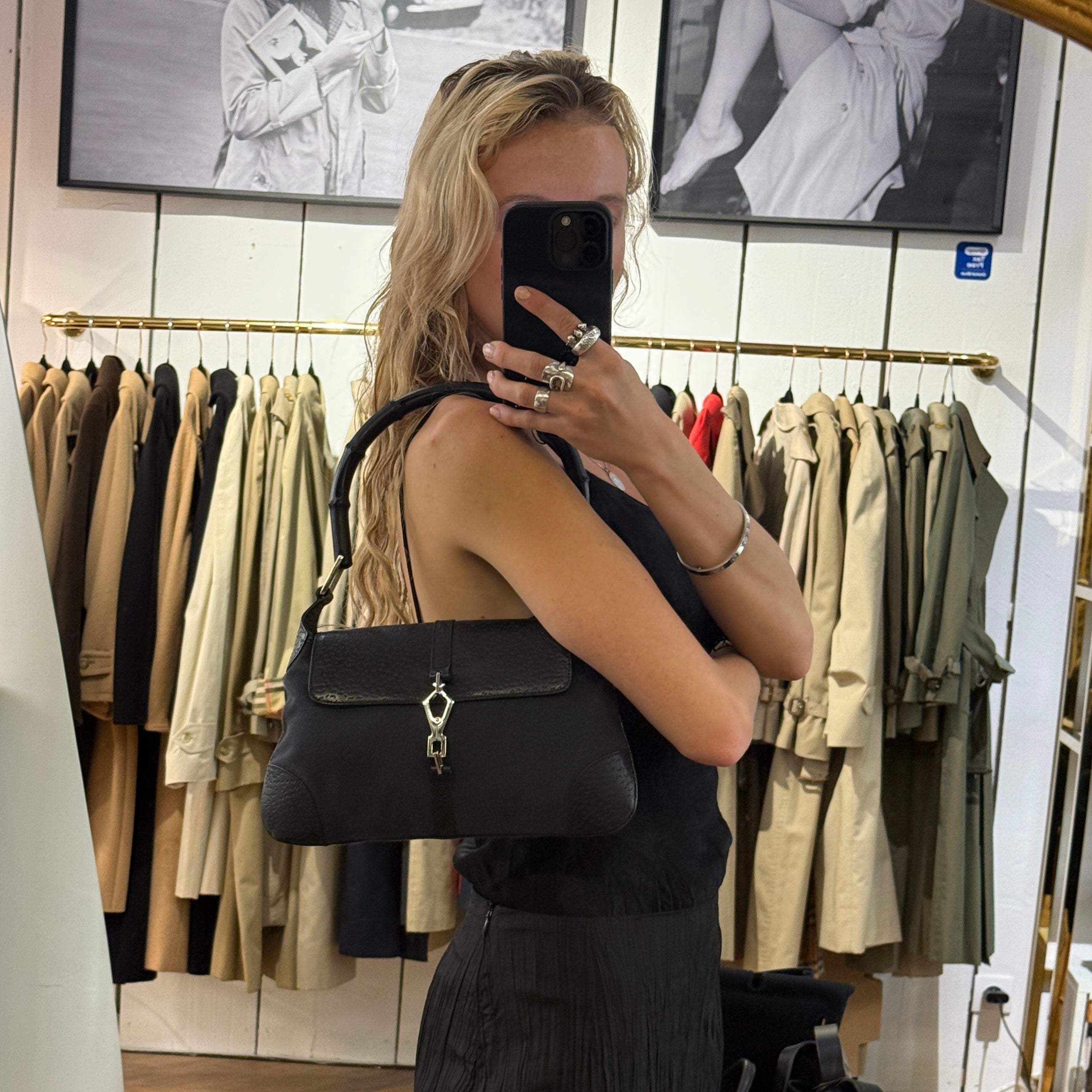 Sac GUCCI Jackie Bamboo toile et cuir noir